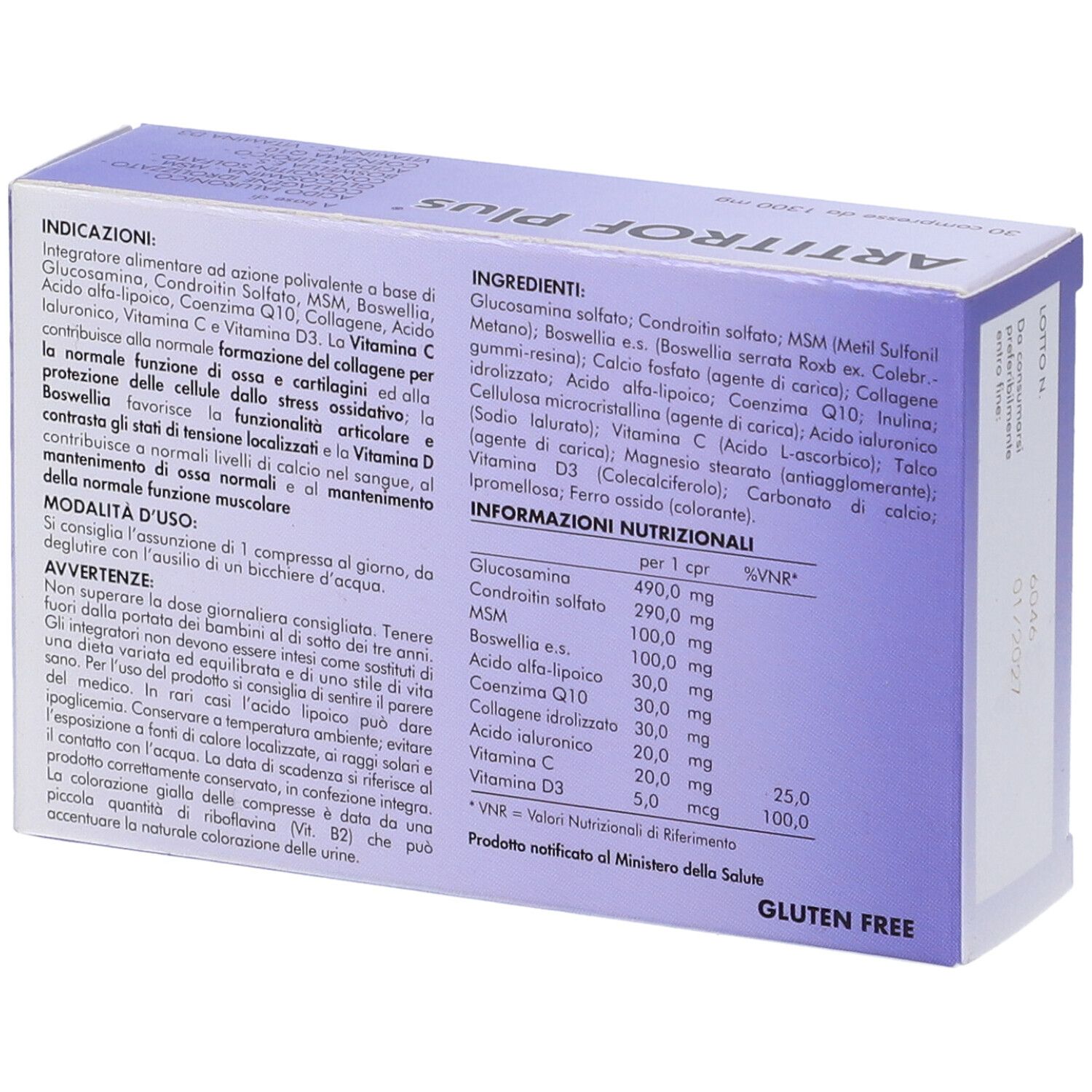 Retro scatola "Artitrof Plus". Elenco ingredienti e informazioni nutrizionali.