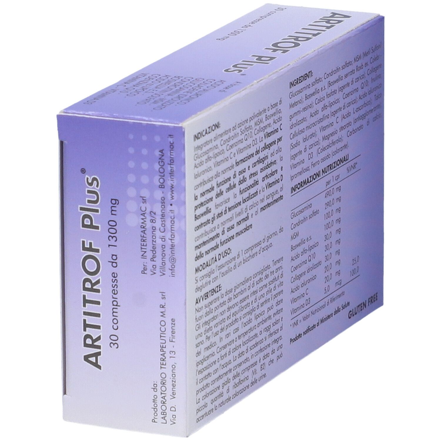 Scatola "Artitrof Plus", vista laterale. Ingredienti e informazioni produttore.