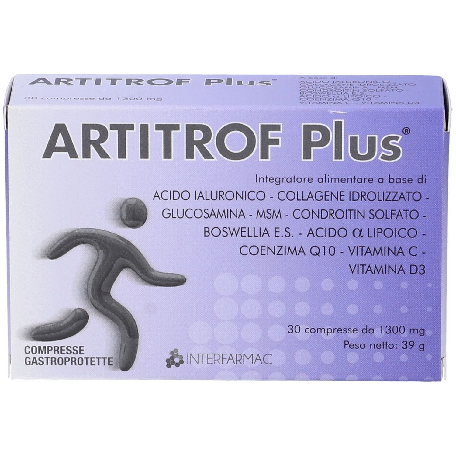 Scatola "Artitrof Plus" con 30 compresse. Ingredienti elencati. Logo figura stilizzata.
