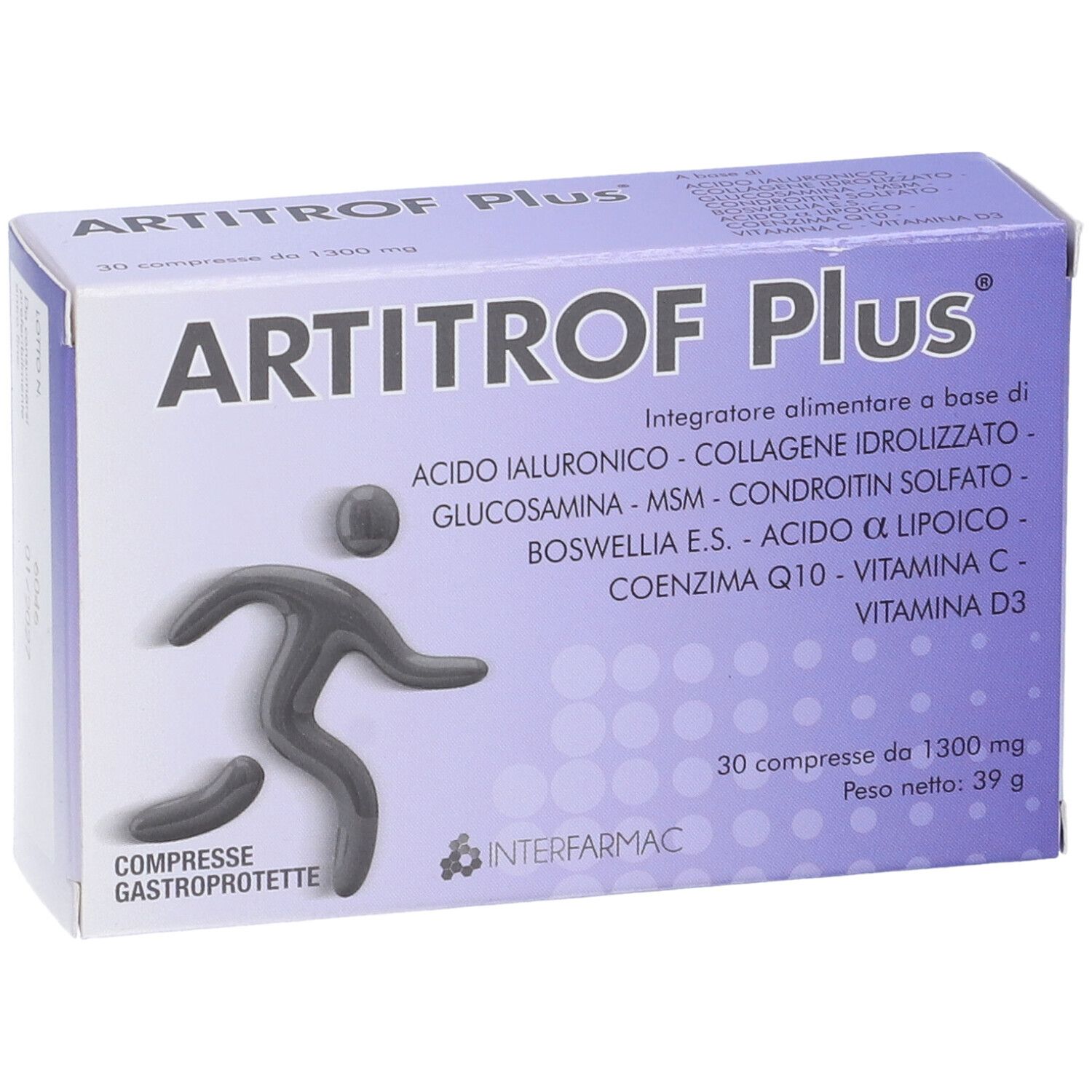 Scatola "Artitrof Plus" con 30 compresse. Ingredienti elencati. Logo figura stilizzata.