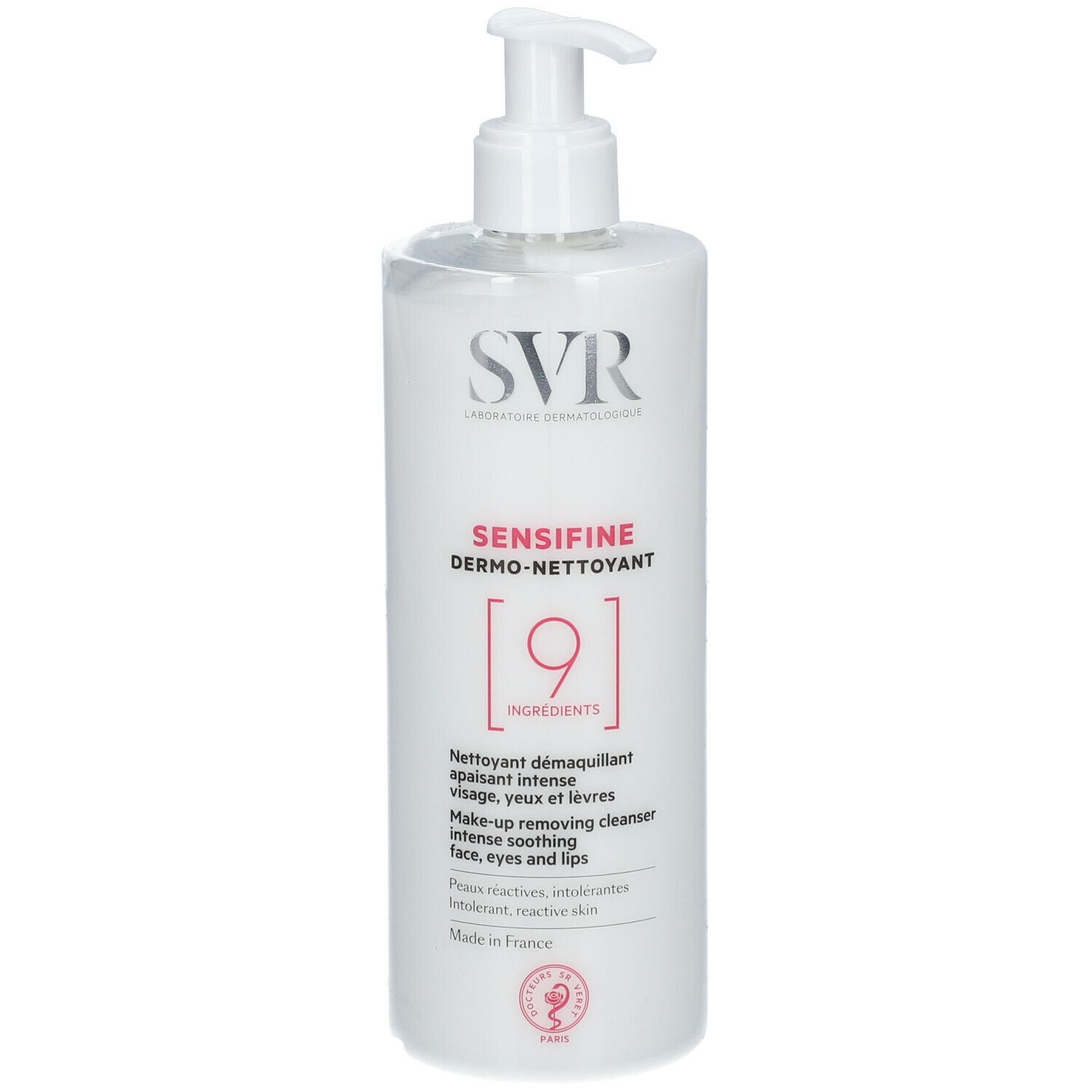Flacone bianco SVR Sensifine Dermo-Nettoyant con dosatore. Scritte rosse. Per pelli sensibili.