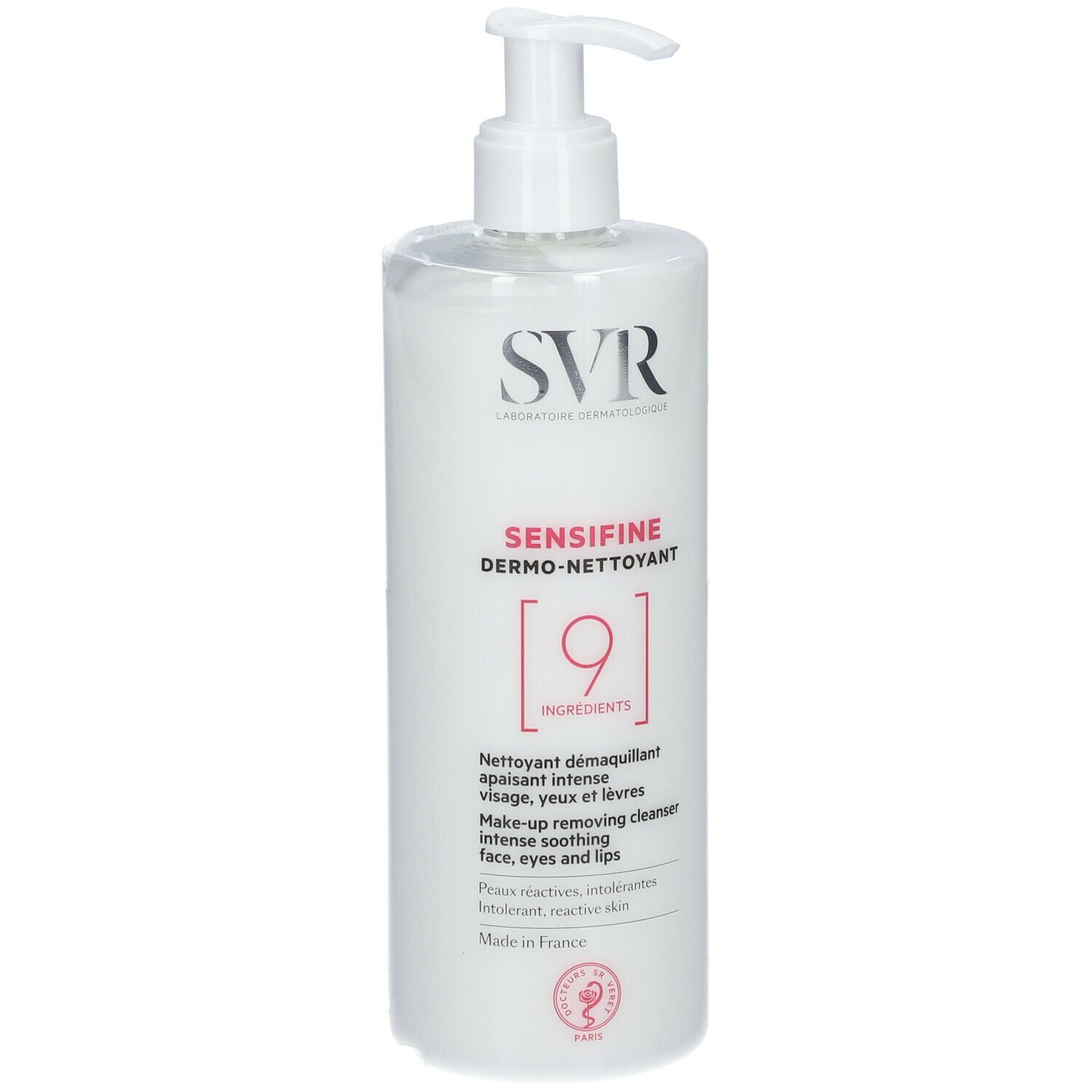 Flacone bianco SVR Sensifine Dermo-Nettoyant con dosatore. Scritte rosse. Per pelli sensibili.