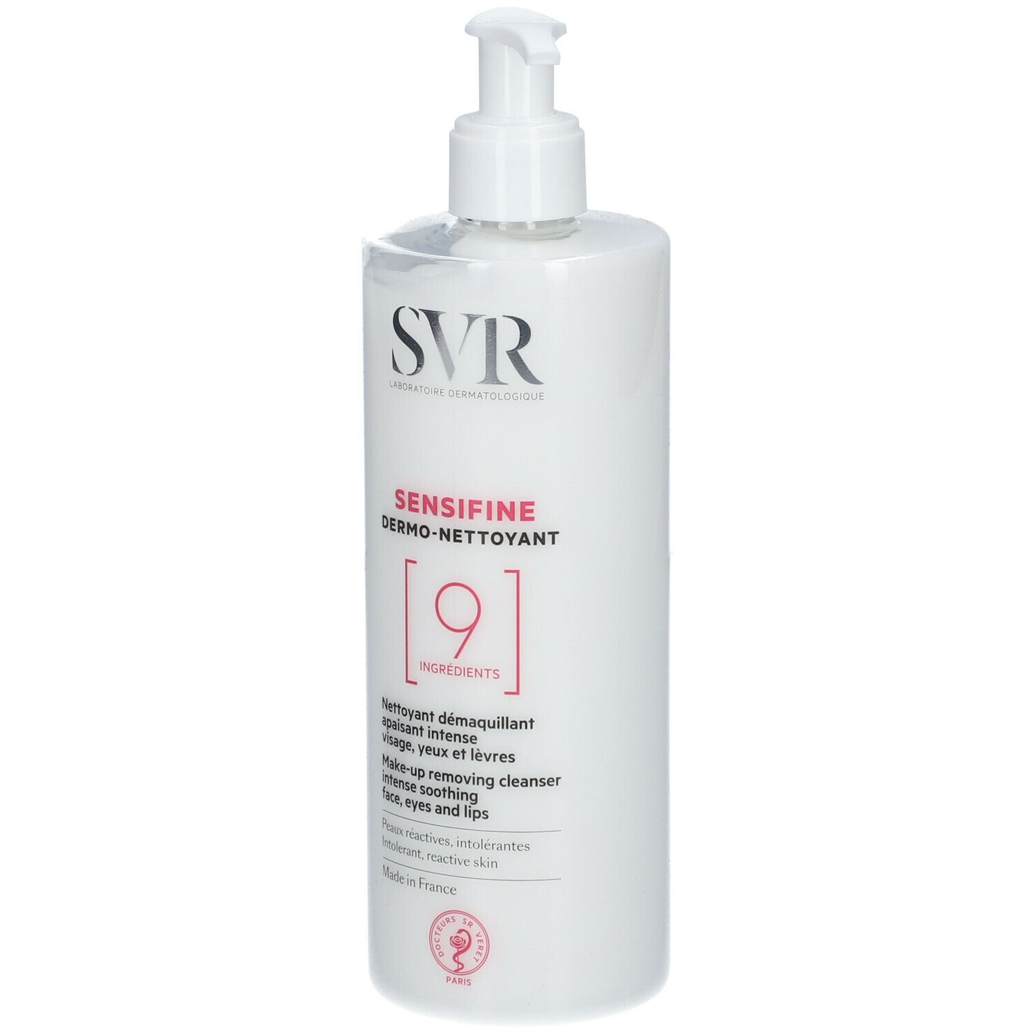Flacone bianco SVR Sensifine Dermo-Nettoyant con dosatore. Scritte rosse. Per pelli sensibili.