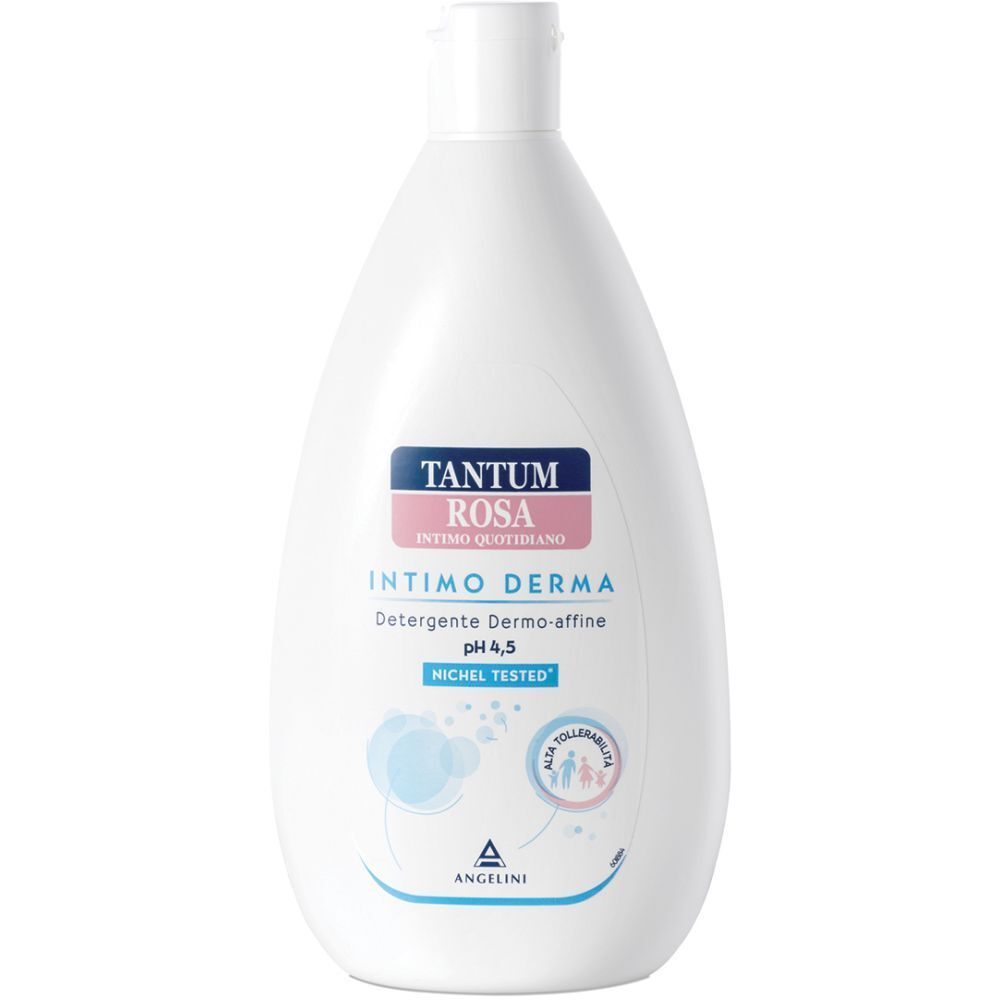 Weiße Flasche mit blau-rosa Etikett. Text: Tantum Rosa Intimo Derma, pH 4,5. Logo: Angelini.