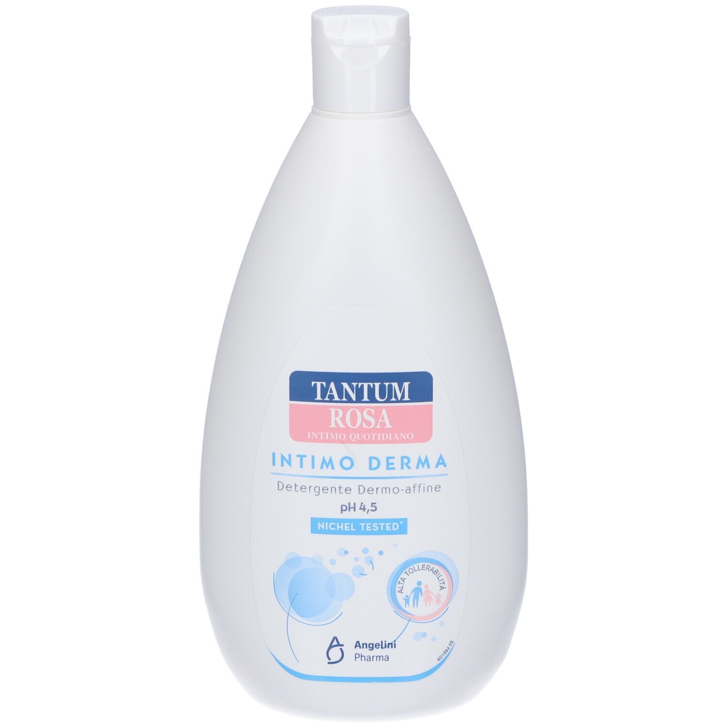 Weiße Flasche mit blau-rosa Etikett. Text: Tantum Rosa Intimo Derma, pH 4,5. Logo: Angelini.