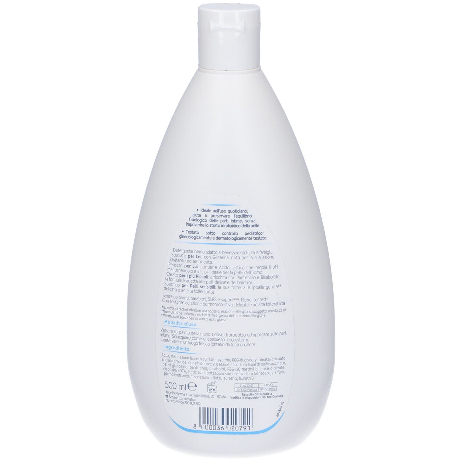 Weiße Flasche, Rückseite mit Text und Inhaltsstoffen. Text: 500 ml. Logo: Angelini.