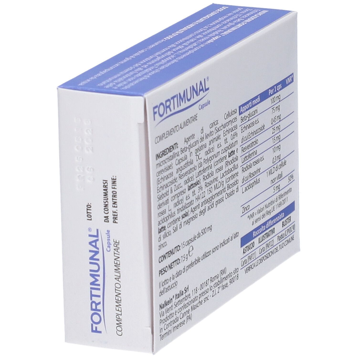 Schachtel in schräger Ansicht. Enthält Informationen zu Inhaltsstoffen und Nährwerten. Text in italienischer Sprache.