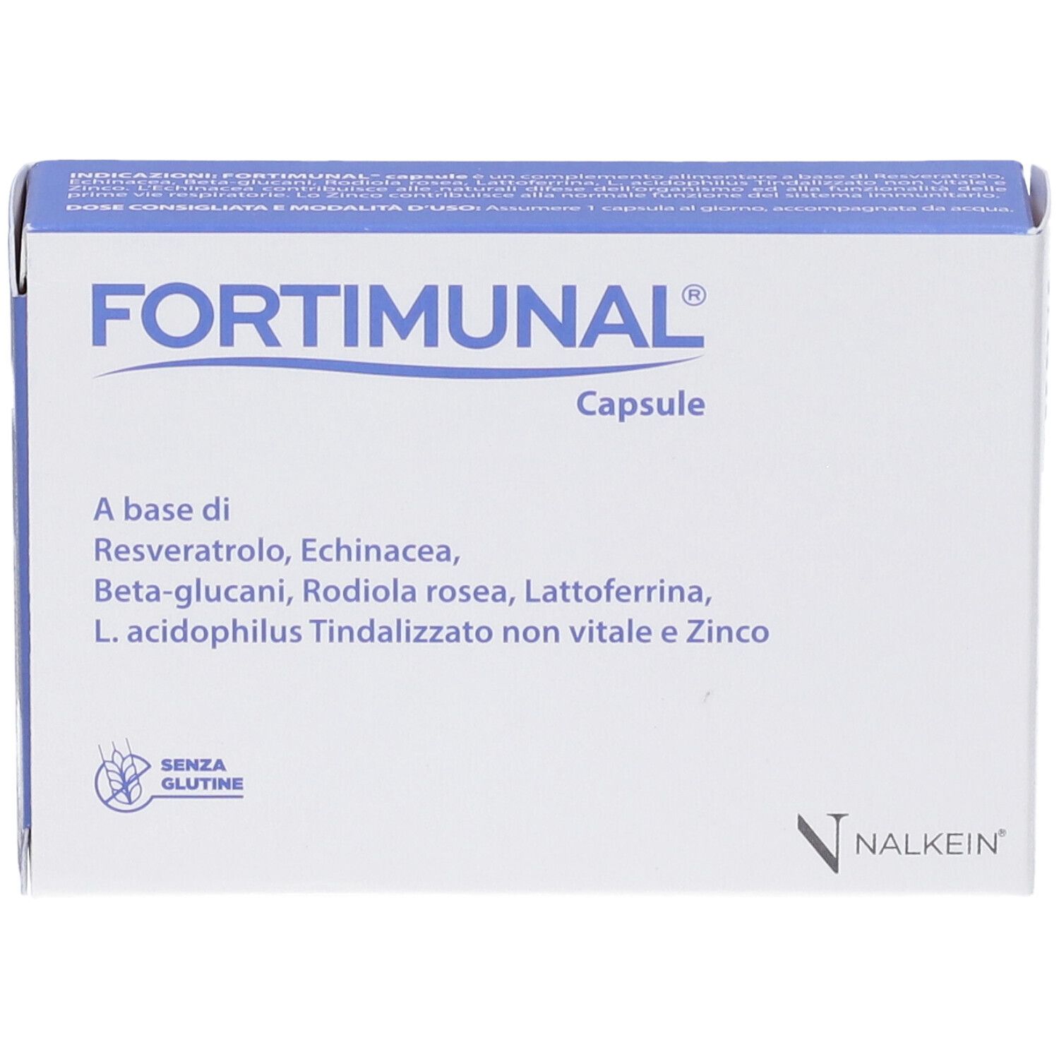 Weiße Schachtel mit blauer Schrift. Aufschrift: FORTIMUNAL Capsule. Enthält Inhaltsstoffe wie Resveratrol, Echinacea, Beta-Glucane.