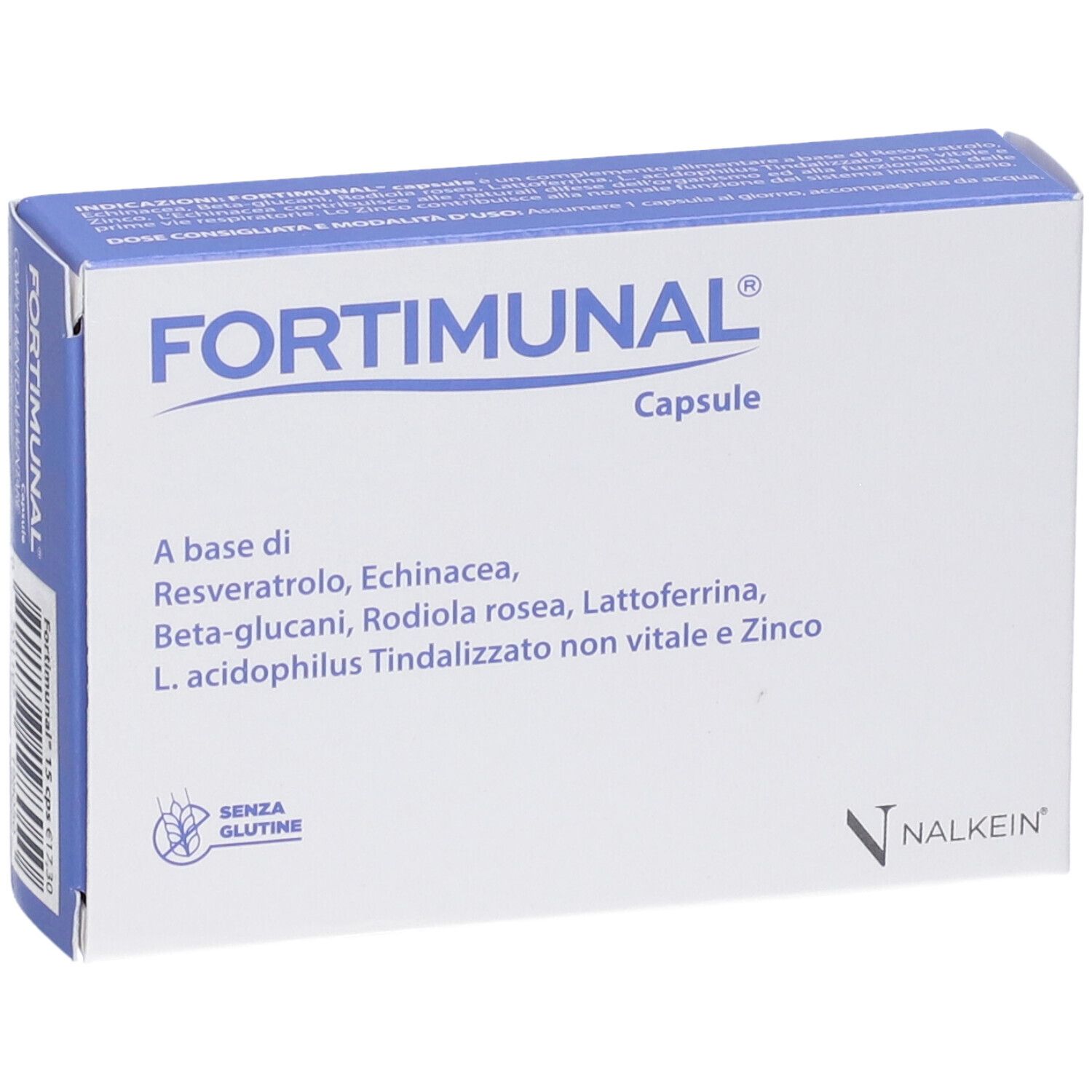 Weiße Schachtel mit blauer Schrift. Aufschrift: FORTIMUNAL Capsule. Enthält Inhaltsstoffe wie Resveratrol, Echinacea, Beta-Glucane.