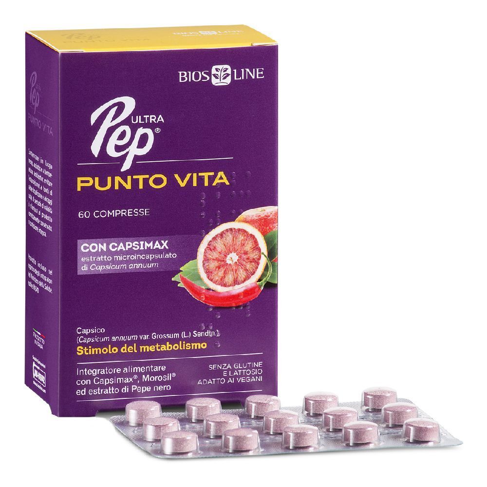 Scatola viola BIOS LINE Ultra Pep Punto Vita. 60 compresse, estratto Capsimax, pompelmo e peperoncino. Compresse su blister.