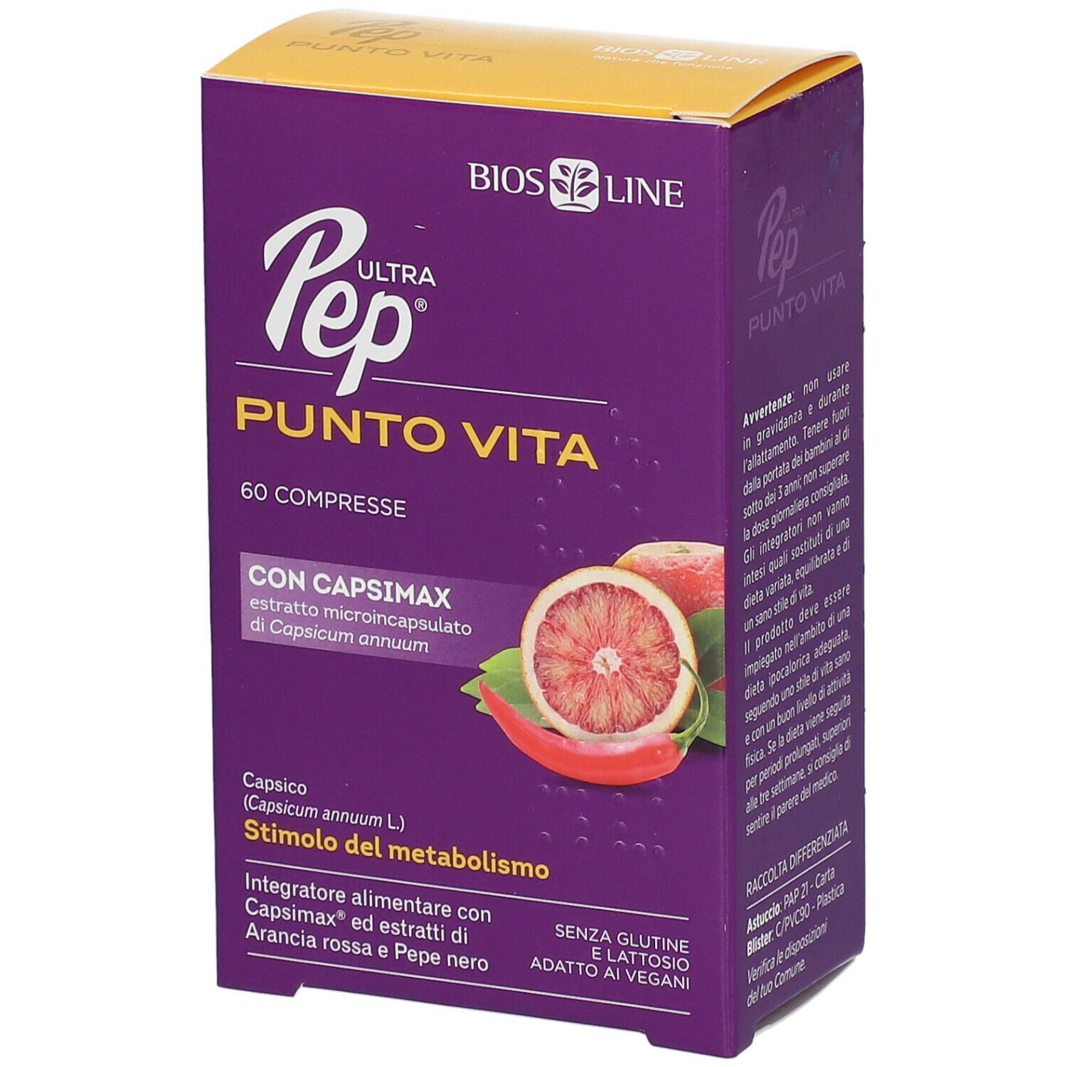Scatola viola BIOS LINE Ultra Pep Punto Vita. 60 compresse, estratto Capsimax, pompelmo e peperoncino.