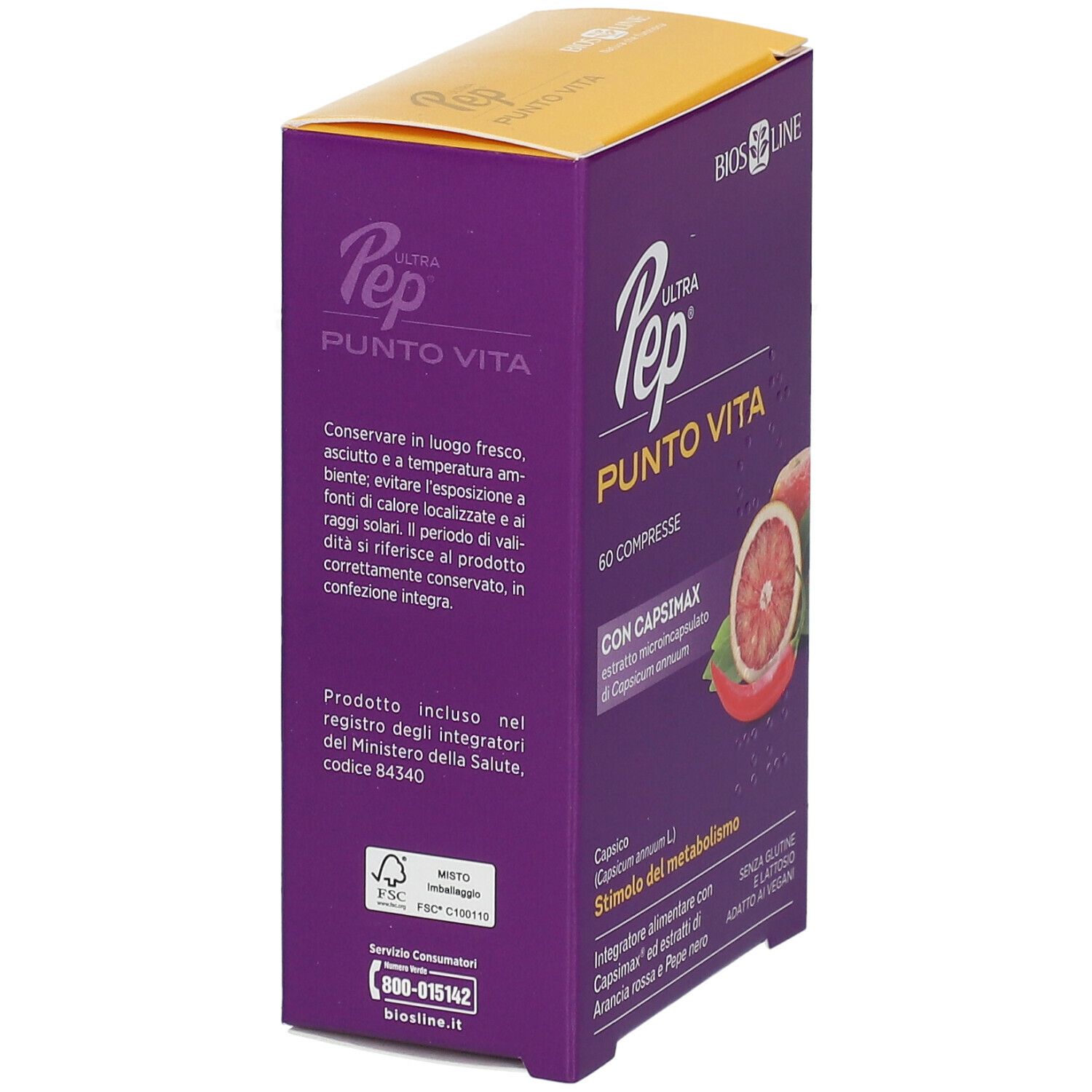 Scatola viola BIOS LINE Ultra Pep Punto Vita. Testo: 60 compresse, estratto Capsimax, ingredienti, certificazione FSC.
