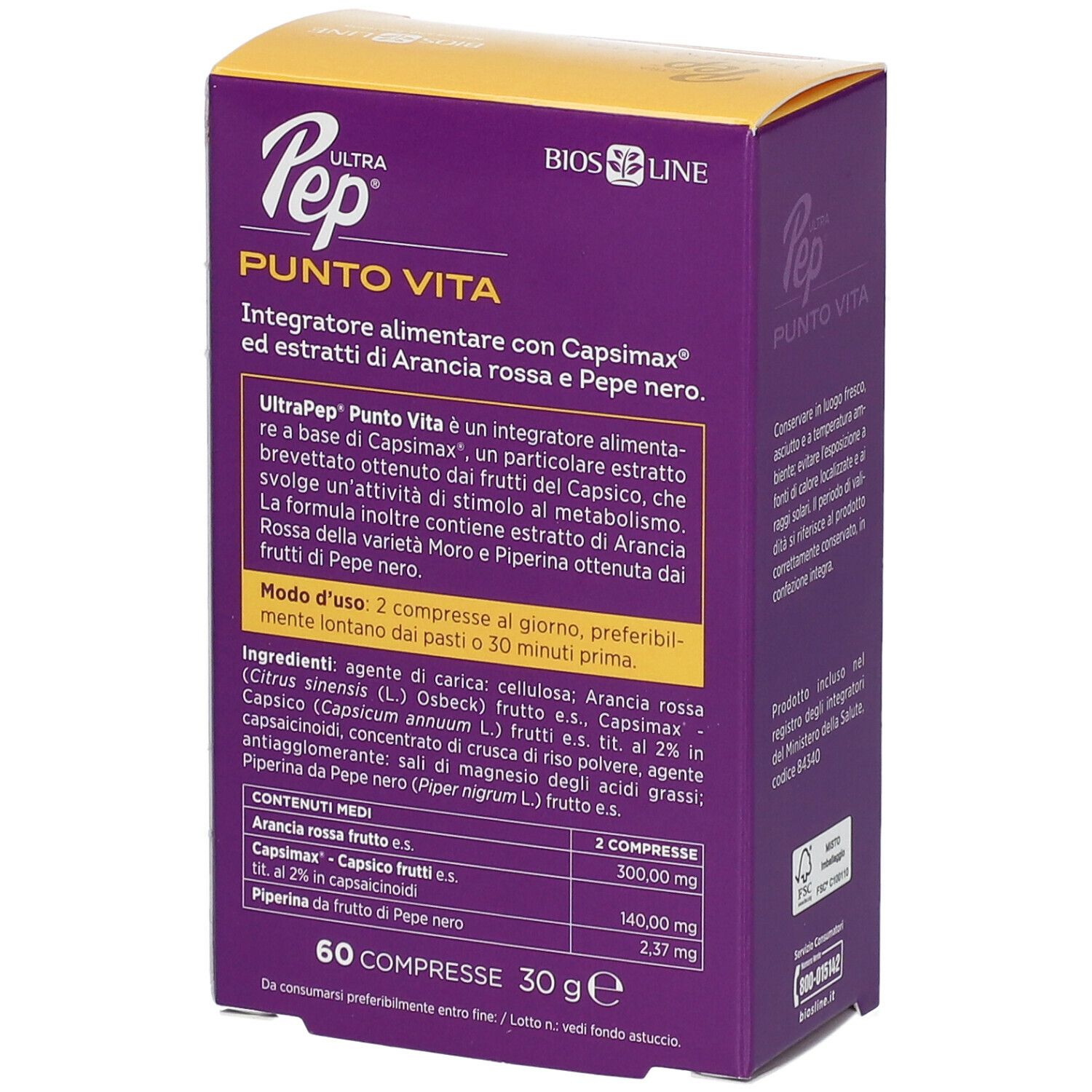 Scatola viola BIOS LINE Ultra Pep Punto Vita. Testo: ingredienti, informazioni nutrizionali, 60 compresse, 30g.