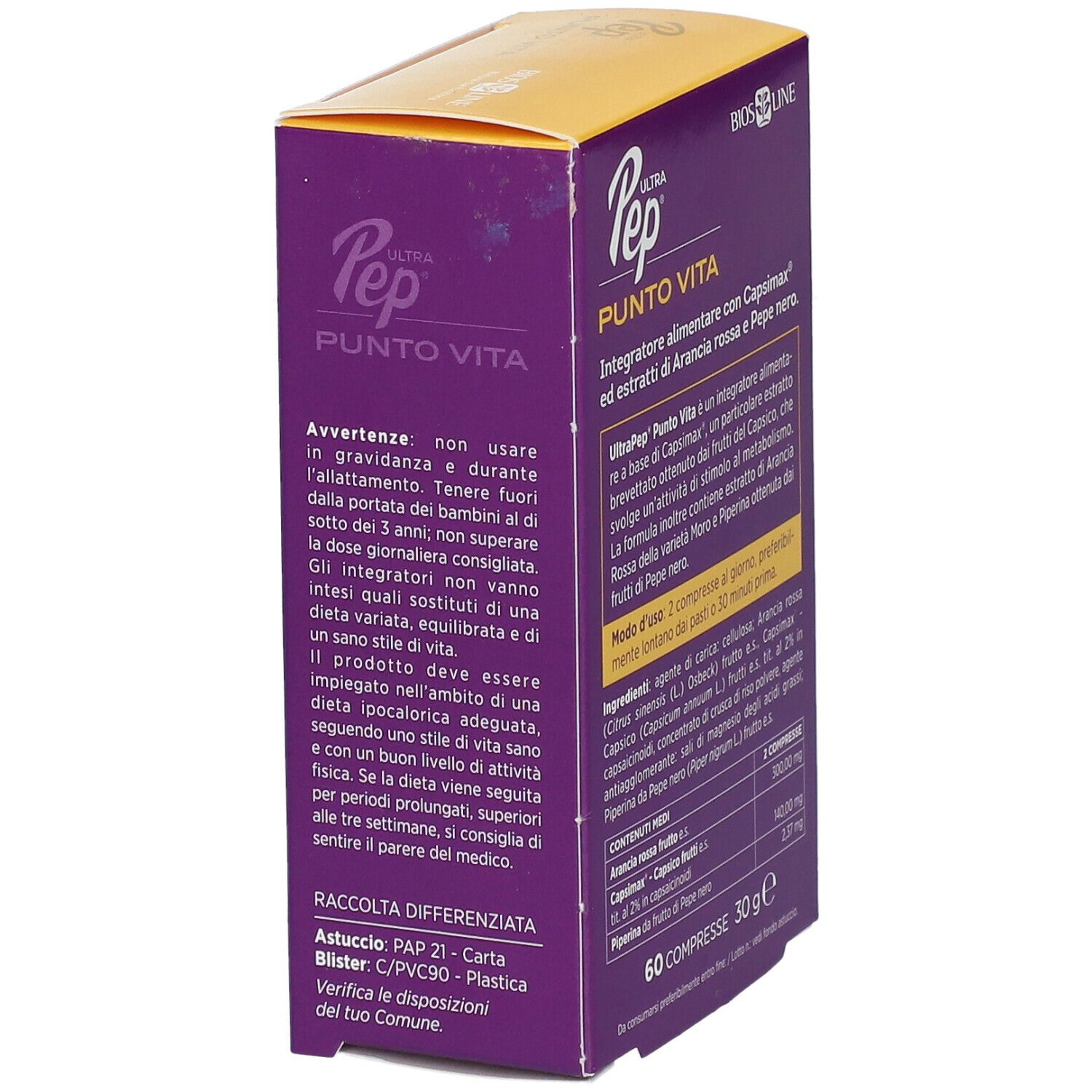 Scatola viola BIOS LINE Ultra Pep Punto Vita. Testo: avvertenze, istruzioni per l'uso, 60 compresse, 30g.