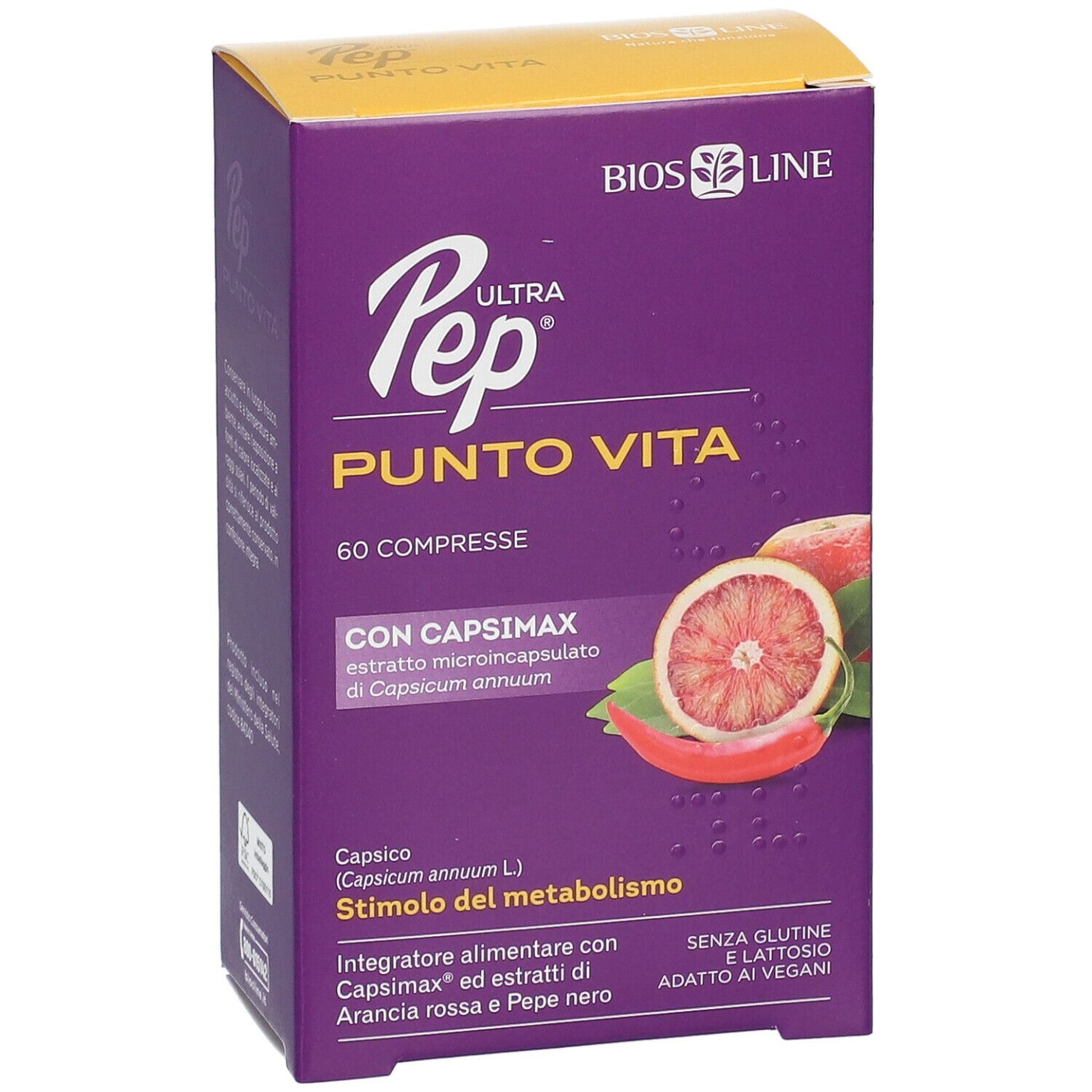 Scatola viola BIOS LINE Ultra Pep Punto Vita. 60 compresse, estratto Capsimax, pompelmo e peperoncino.