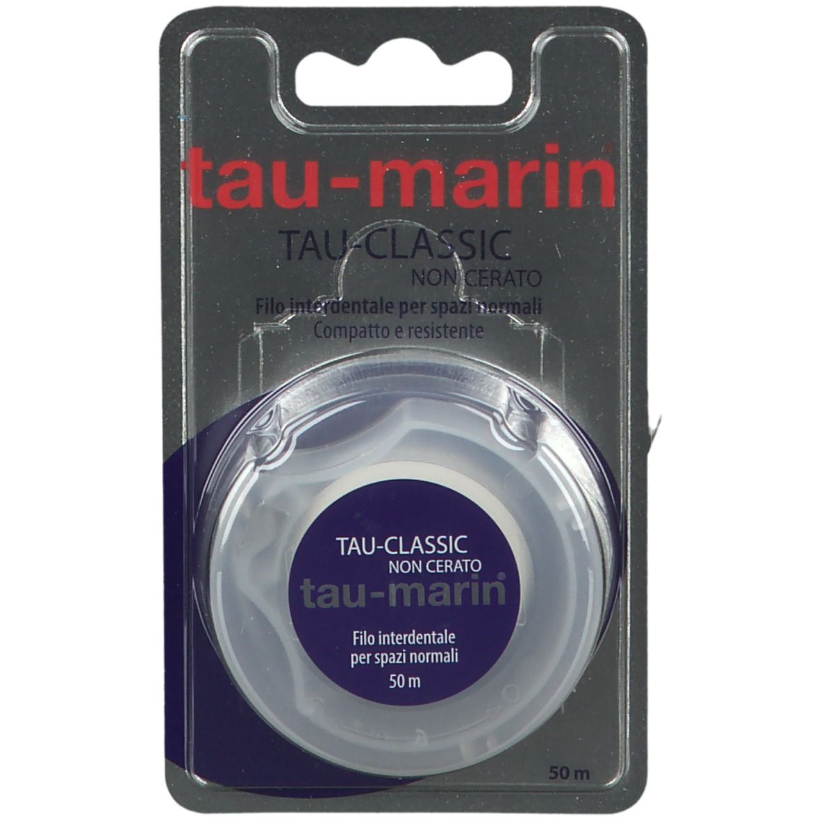 Fil dentaire en blister. Carte noire avec produit et étiquette bleue. Texte: tau-marin TAU-CLASSIC NON CERATO.