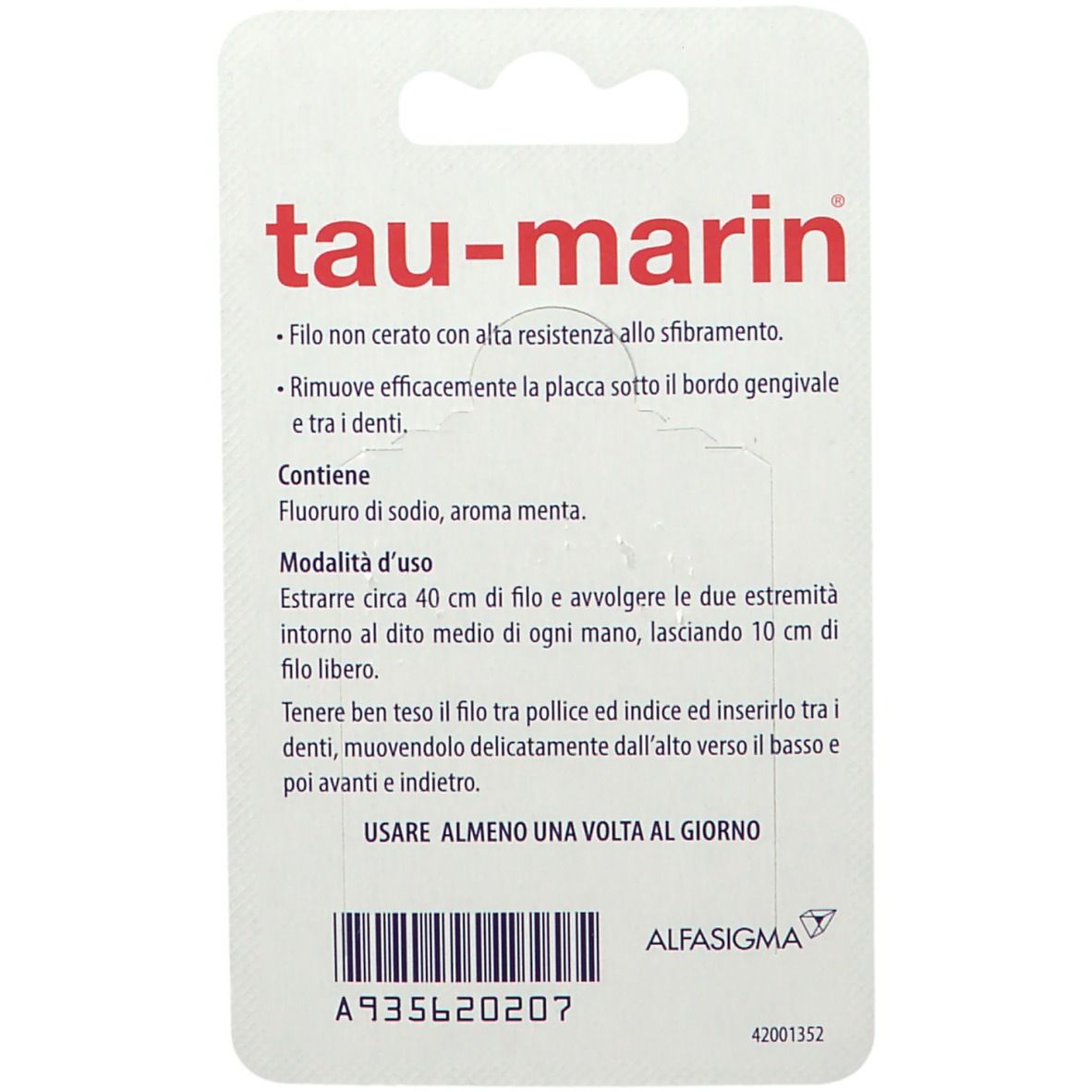 Dos du blister. Fond blanc avec texte. Texte: tau-marin. Texte italien décrivant le produit.