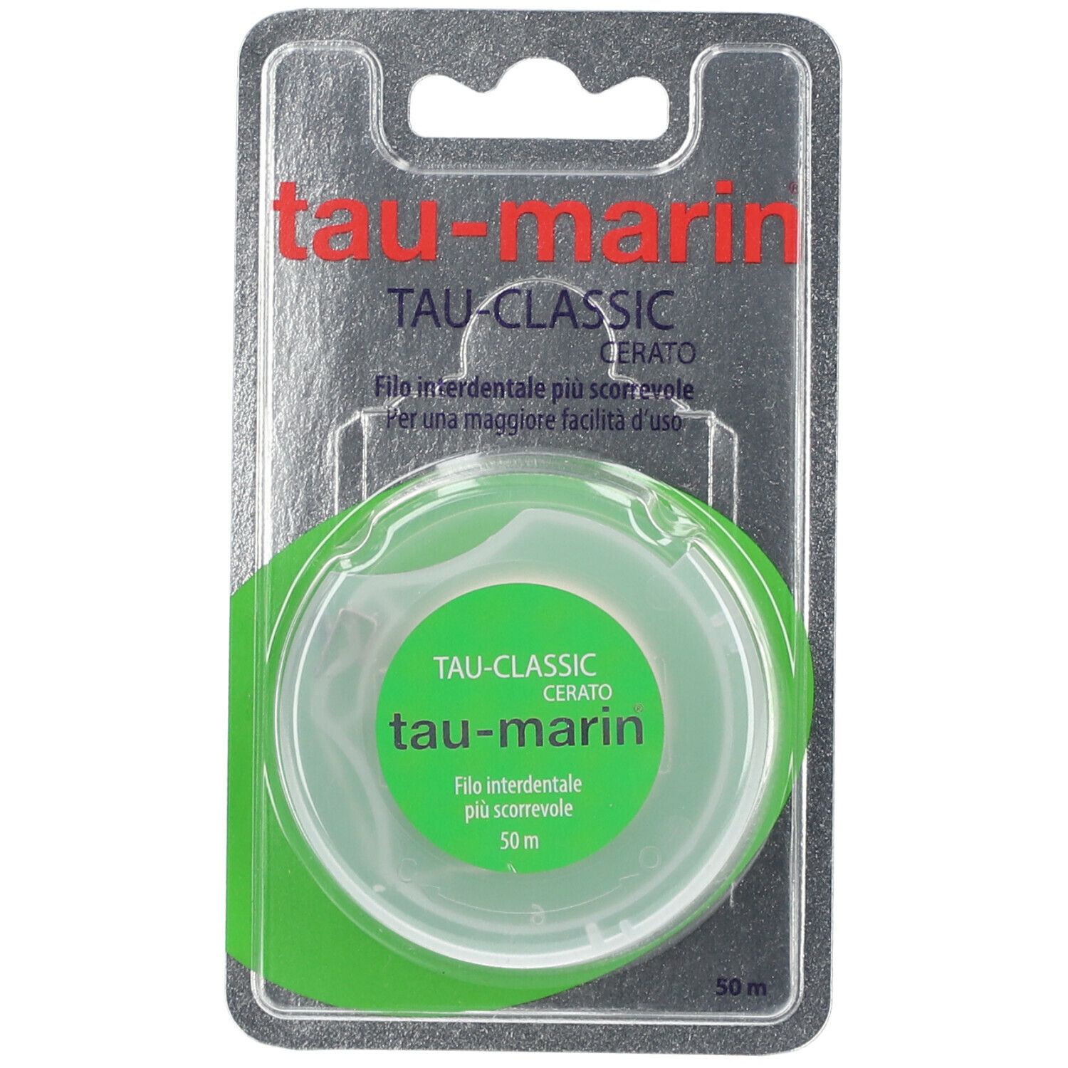 Emballage avec distributeur de fil dentaire. Emballage blister transparent. Inscription : Tau-marin, TAU-CLASSIC, Cerato.