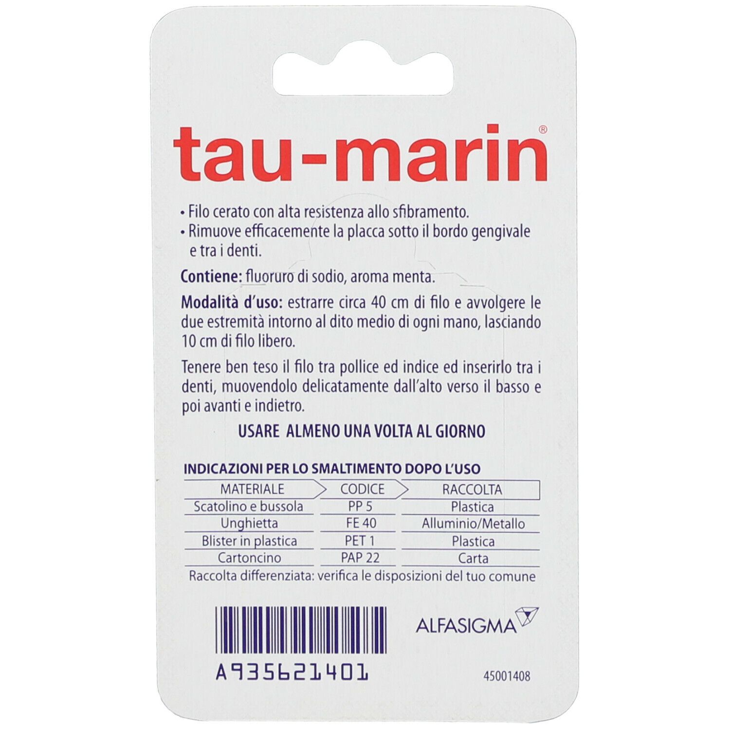 Dos de l'emballage. Texte en italien. Marque : Tau-marin. Contient des informations sur l'utilisation et l'élimination.