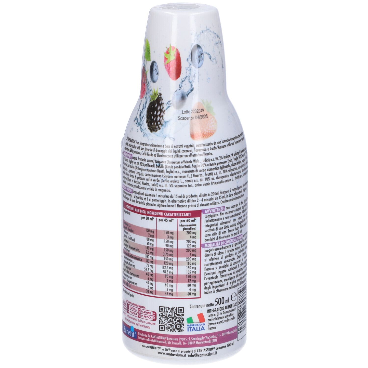 Retro della bottiglia con testo e informazioni nutrizionali. Illustrazioni di frutti di bosco. Logo 5D. Testo: Drenante, Depurativo, Tonificante.