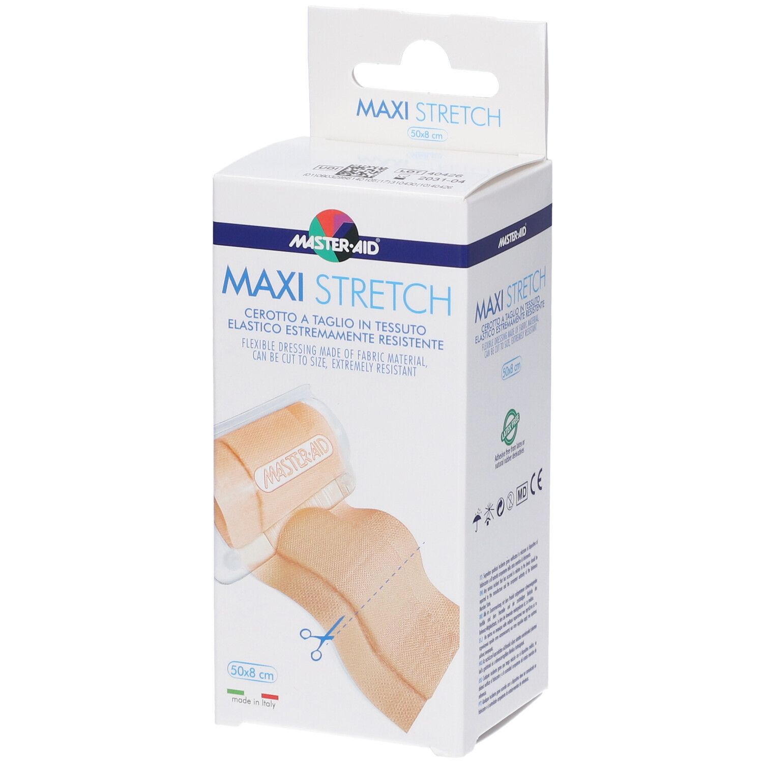Verpackung für ein elastisches Pflaster, 50x8 cm, aus Stoff, zuschneidbar.