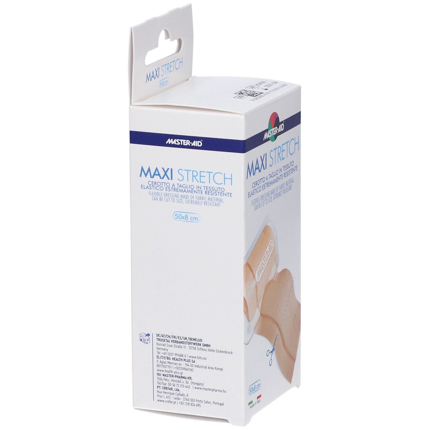 Verpackung für ein elastisches Pflaster, 50x8 cm, aus Stoff, zuschneidbar.