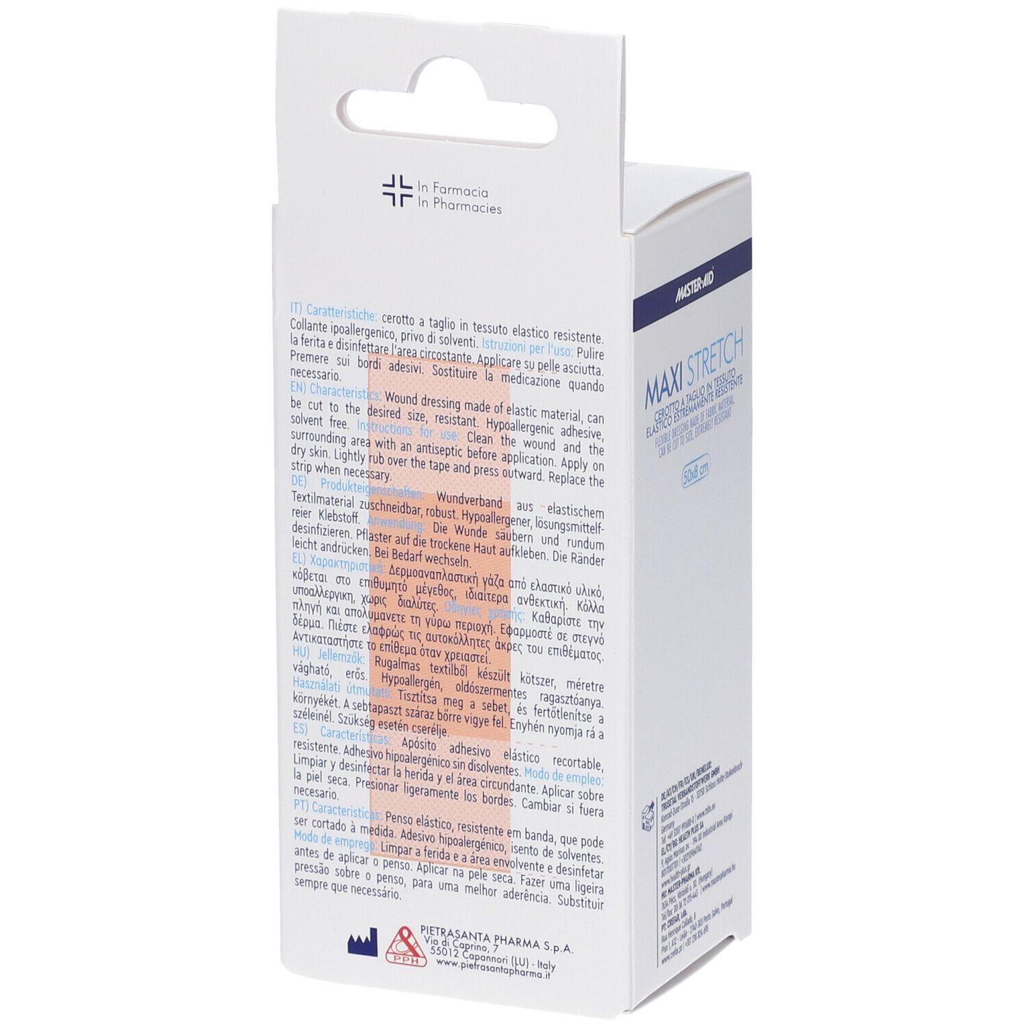 Rückseite der Verpackung für ein elastisches Pflaster, 50x8 cm, mit Anwendungshinweisen.