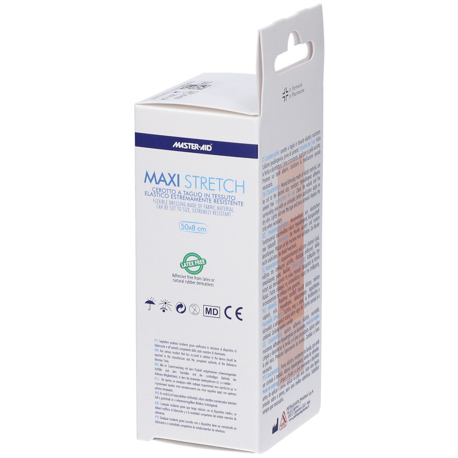 Seite der Verpackung für ein elastisches Pflaster, 50x8 cm, mit Produktinformationen und CE-Kennzeichnung.