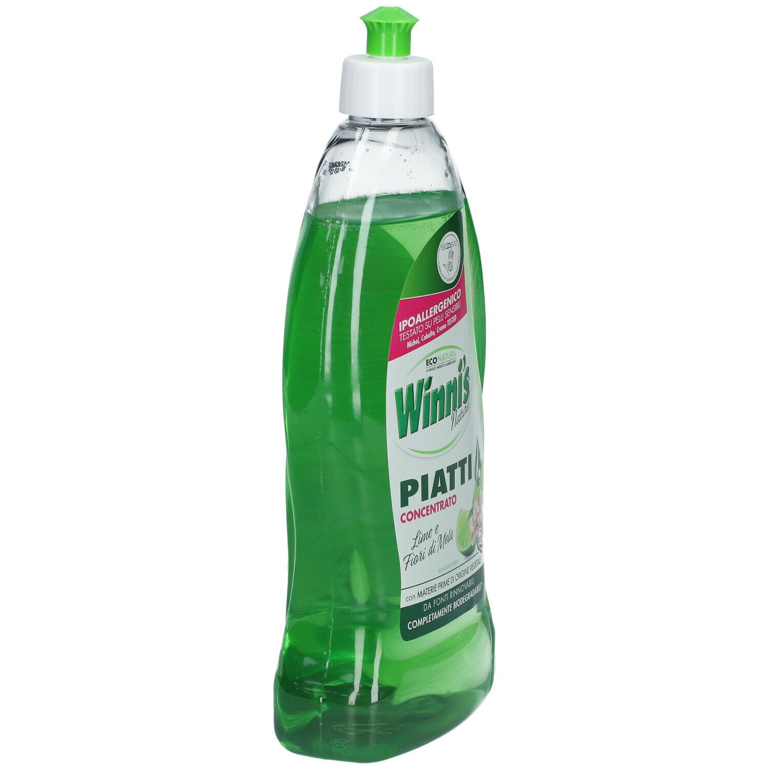 Bottiglia verde di detersivo per piatti. Scritta: Winni's Naturel Piatti Concentrato Lime e Fiori di Mela. Tappo verde.