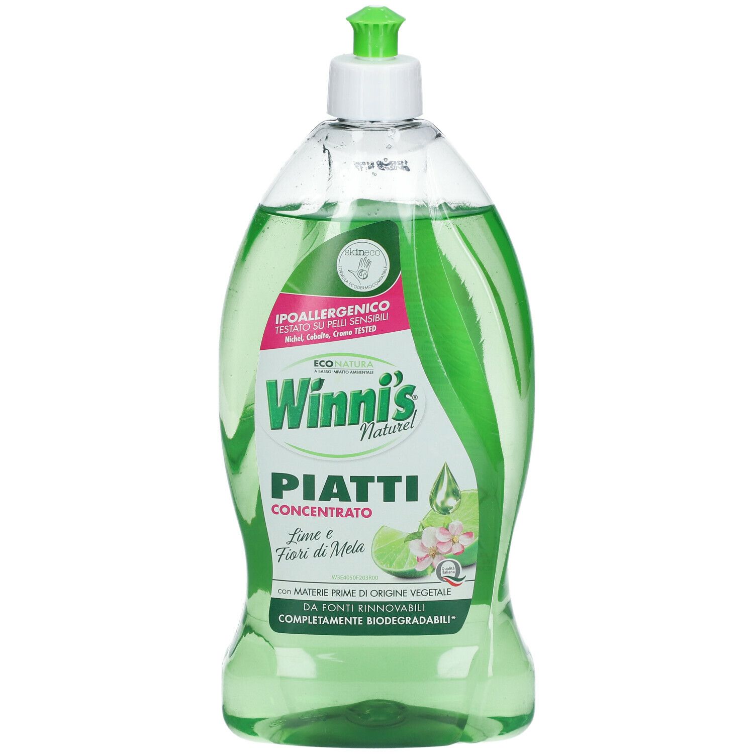 Bottiglia verde di detersivo per piatti. Scritta: Winni's Naturel Piatti Concentrato Lime e Fiori di Mela. Tappo verde.
