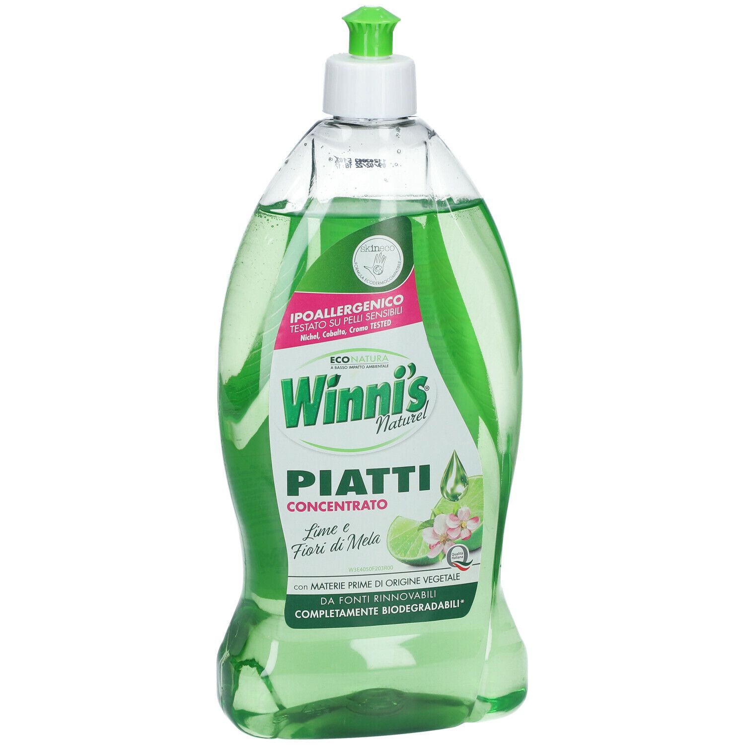 Bottiglia verde di detersivo per piatti. Scritta: Winni's Naturel Piatti Concentrato Lime e Fiori di Mela. Tappo verde.