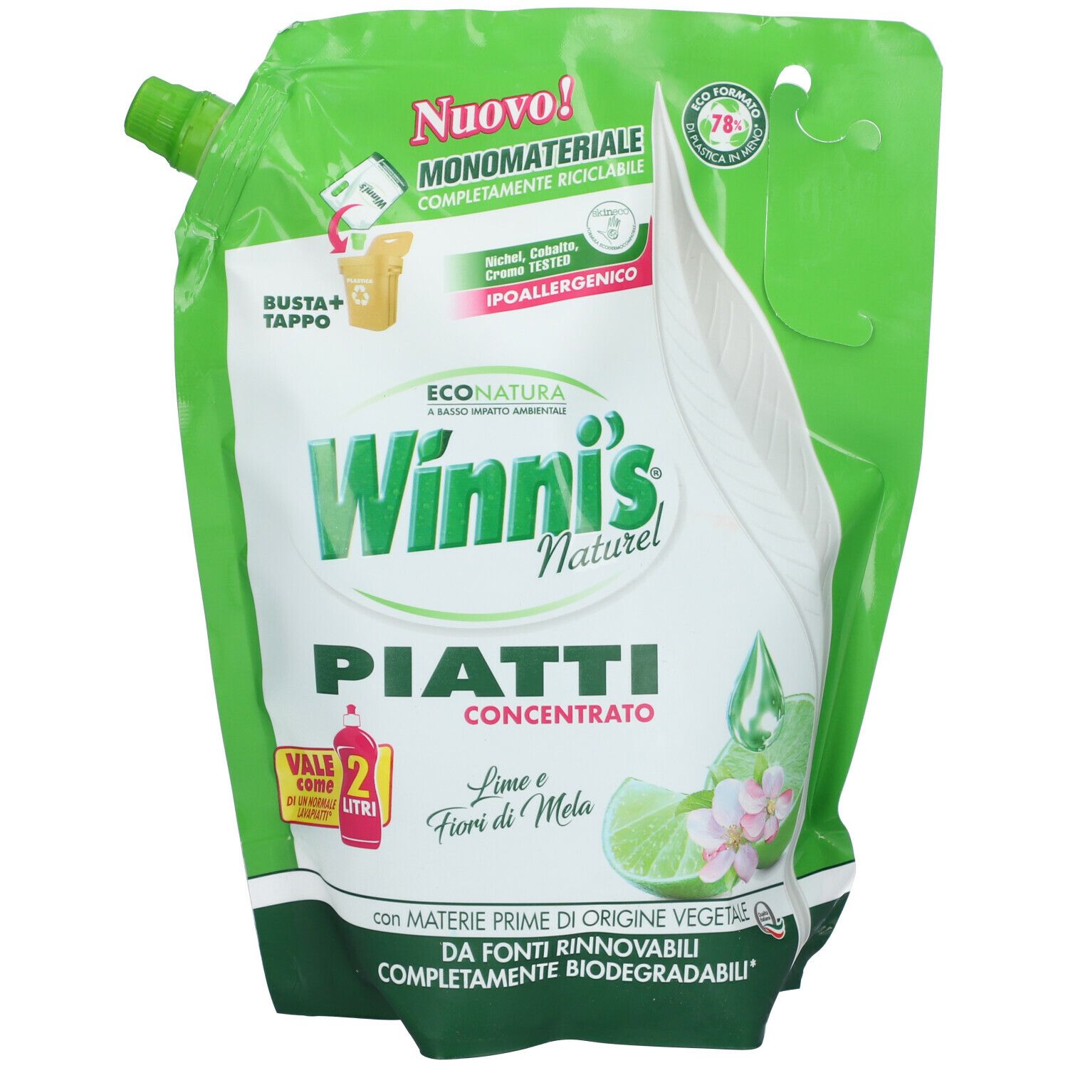 Confezione ricarica verde per detersivo piatti. Testo: Winni's Naturel Piatti Concentrato. Con certificazioni e testo.