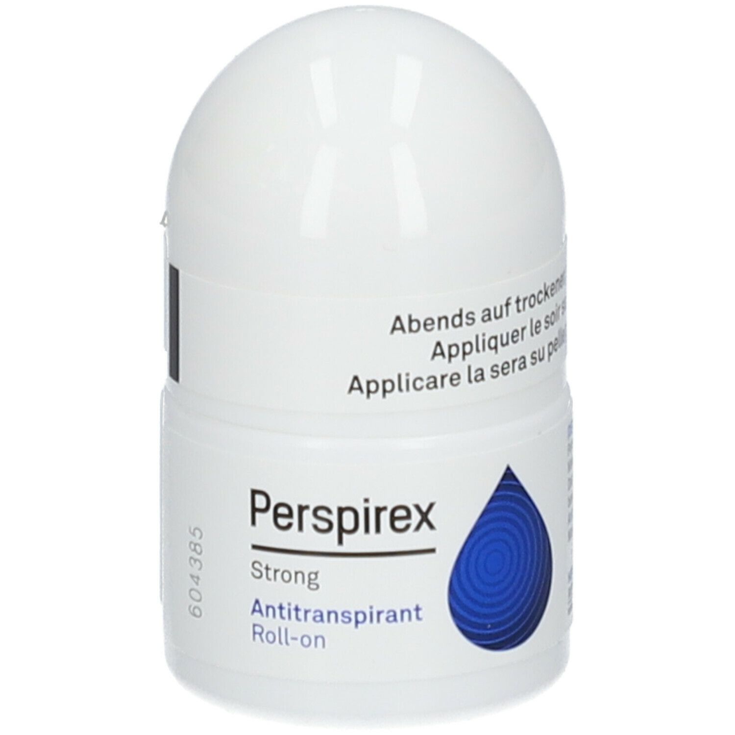 Roll-on Perspirex Strong. Flacone bianco con goccia blu. Nome e descrizione del prodotto sul flacone.
