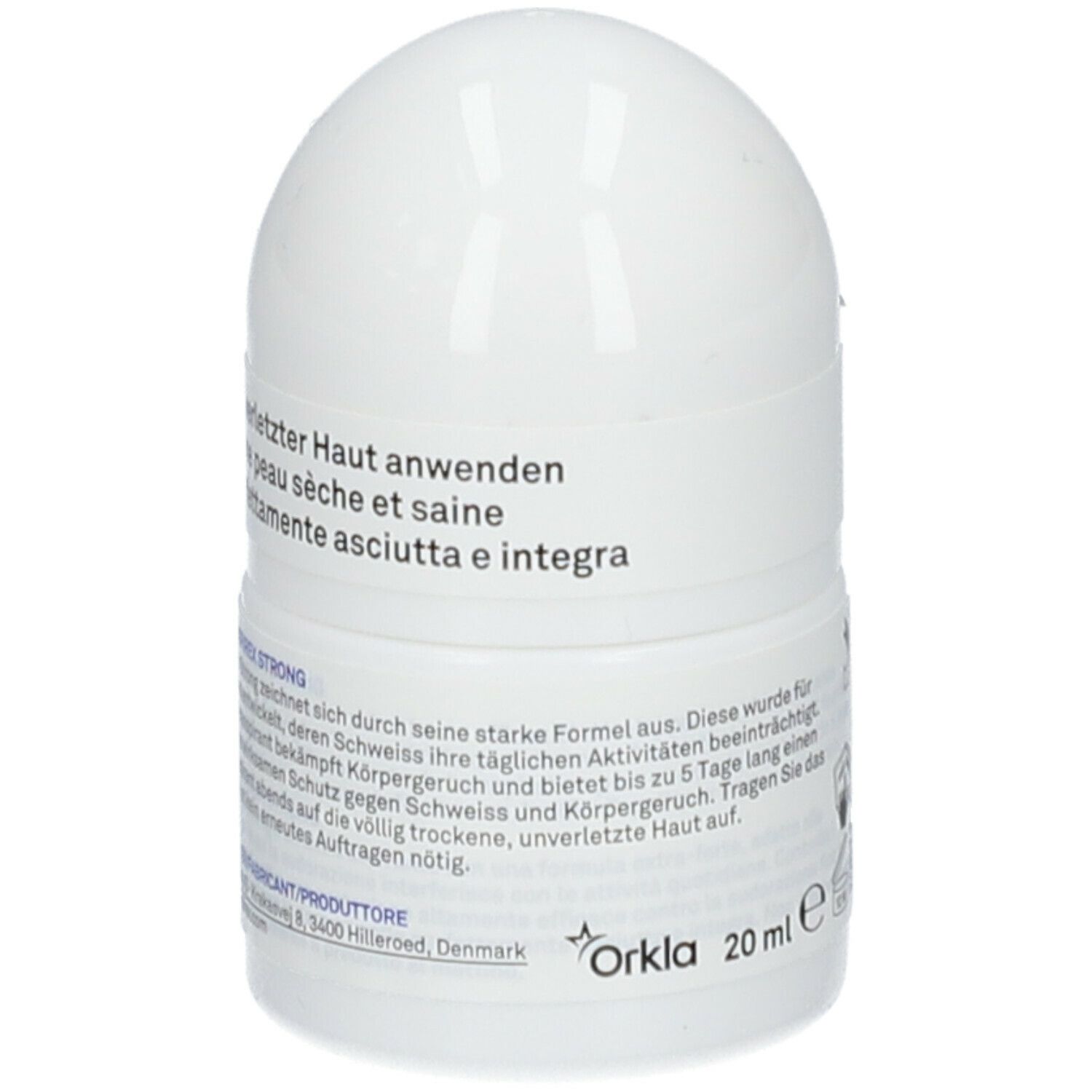 Roll-on Perspirex Strong. Flacone bianco con goccia blu. Nome e descrizione del prodotto sul flacone.