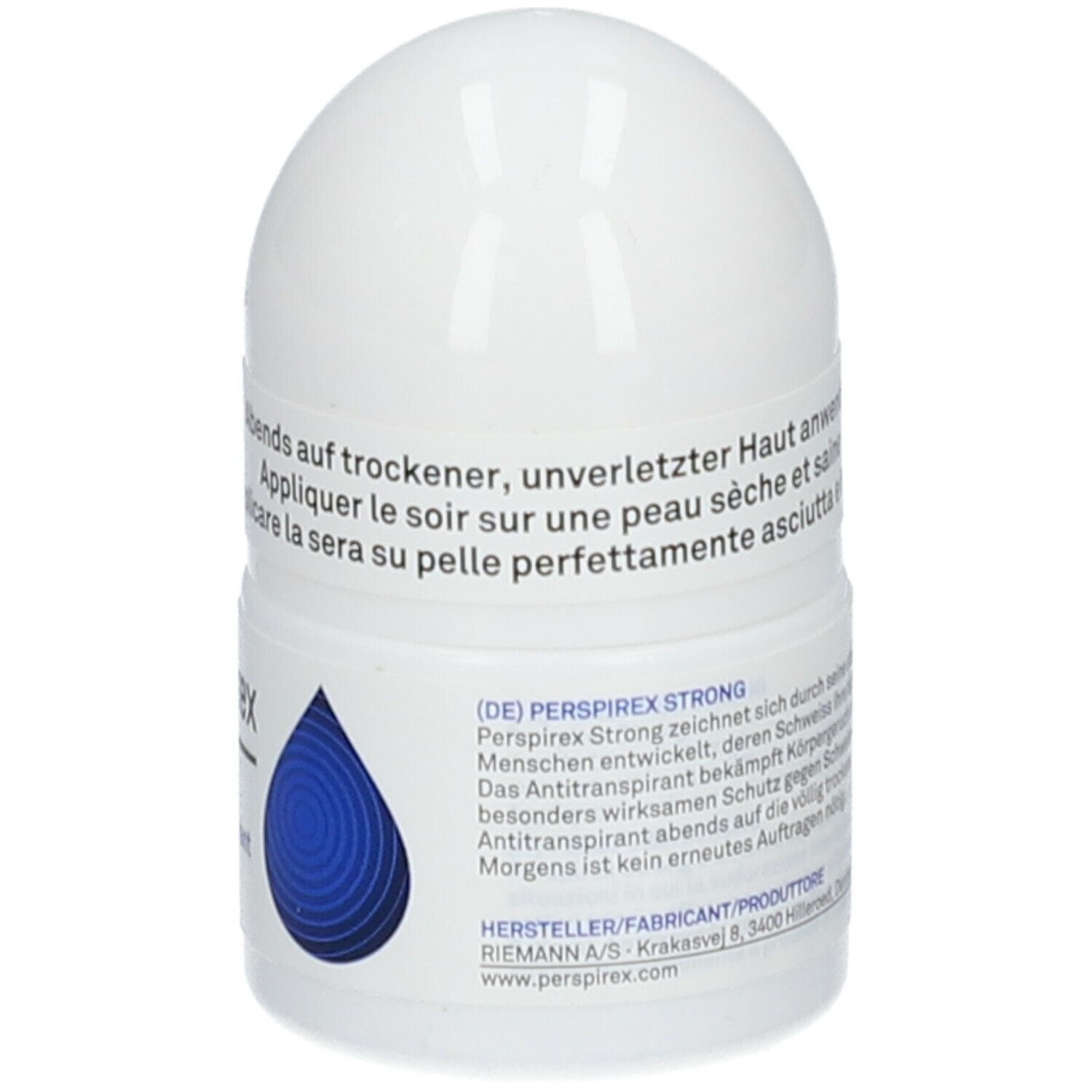 Roll-on Perspirex Strong. Flacone bianco con goccia blu. Nome e descrizione del prodotto sul flacone.