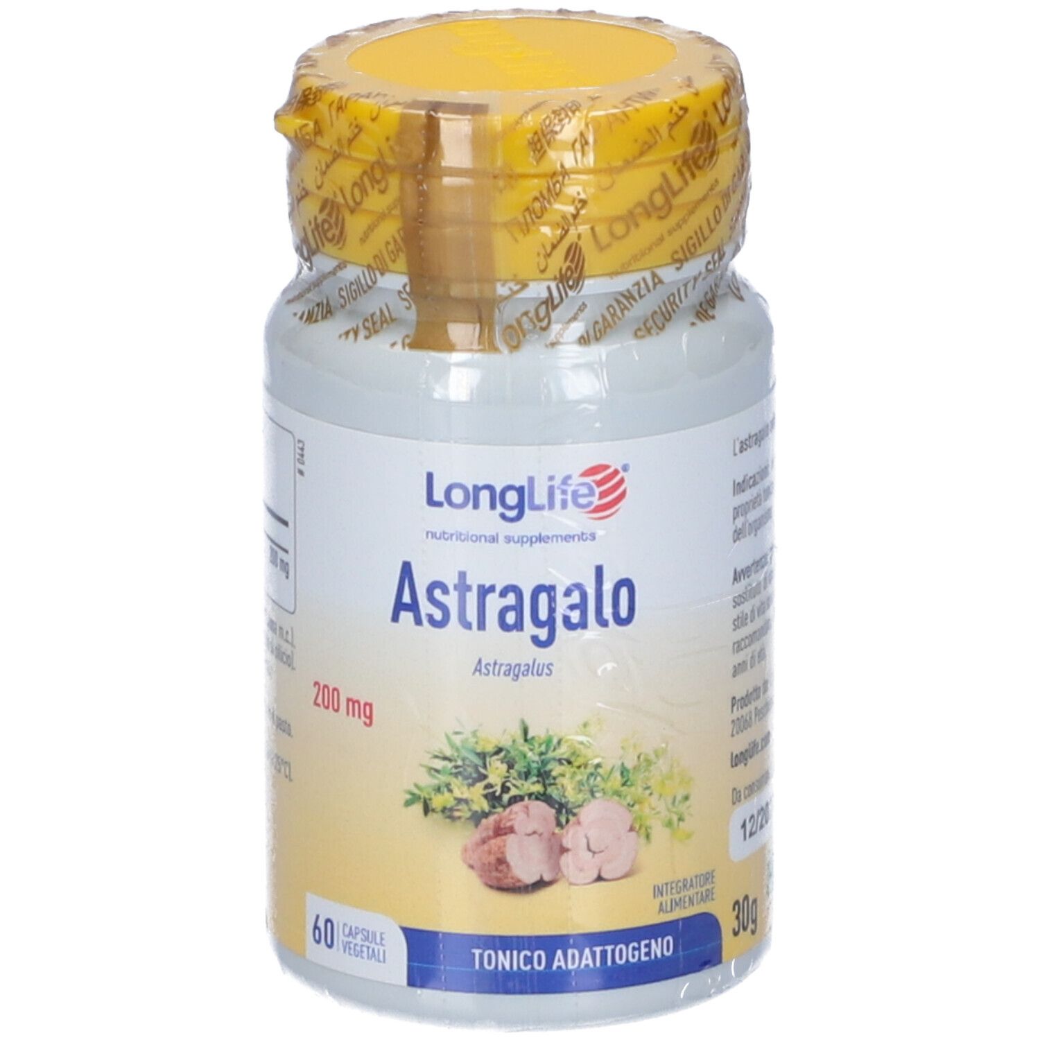Flacone bianco con tappo giallo e pellicola. Scritta: LongLife Astragalo, 60 capsule, 200 mg. Sigillo.