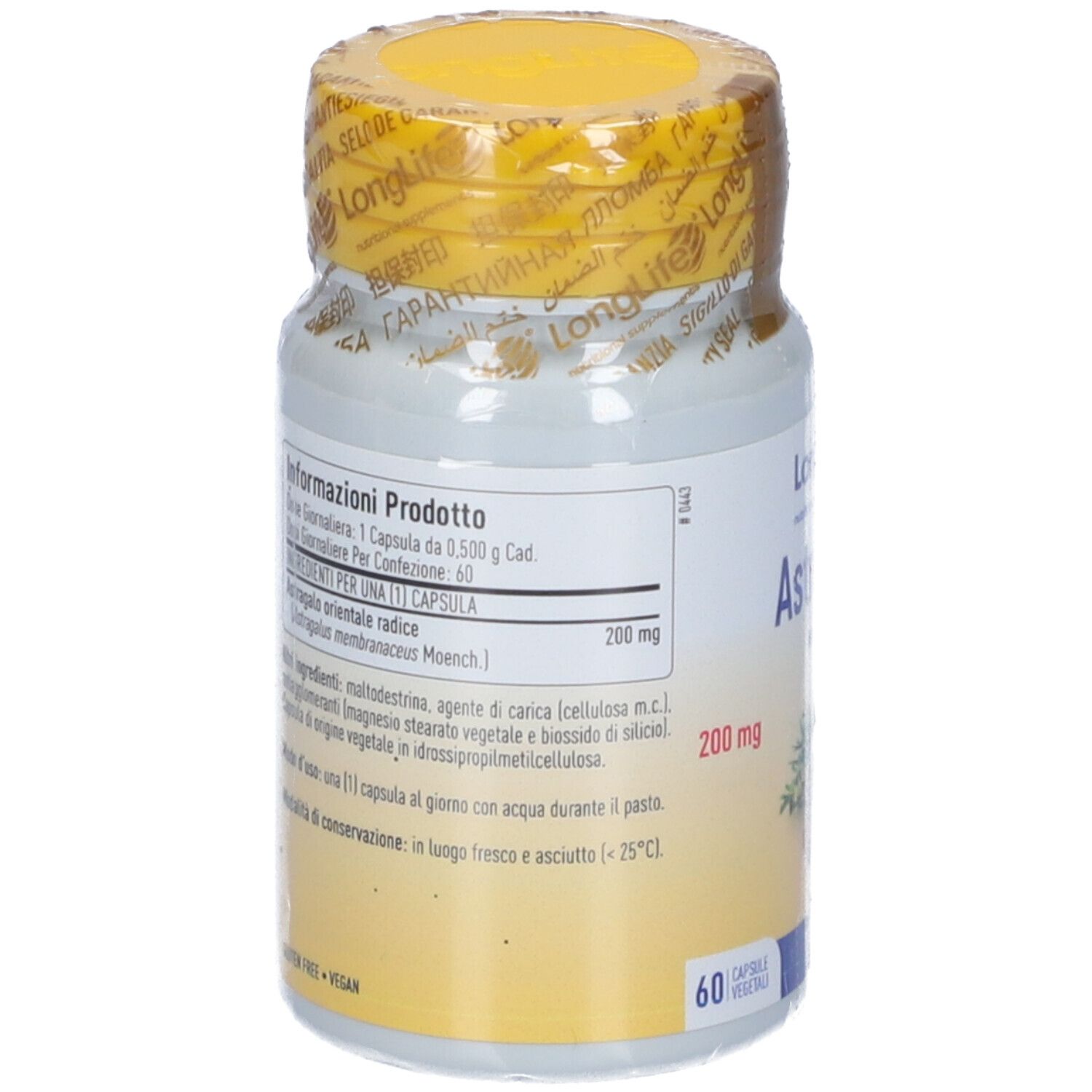 Retro del flacone con tappo giallo e pellicola. Testo: Ingredienti, 200 mg. Informazioni sul prodotto.
