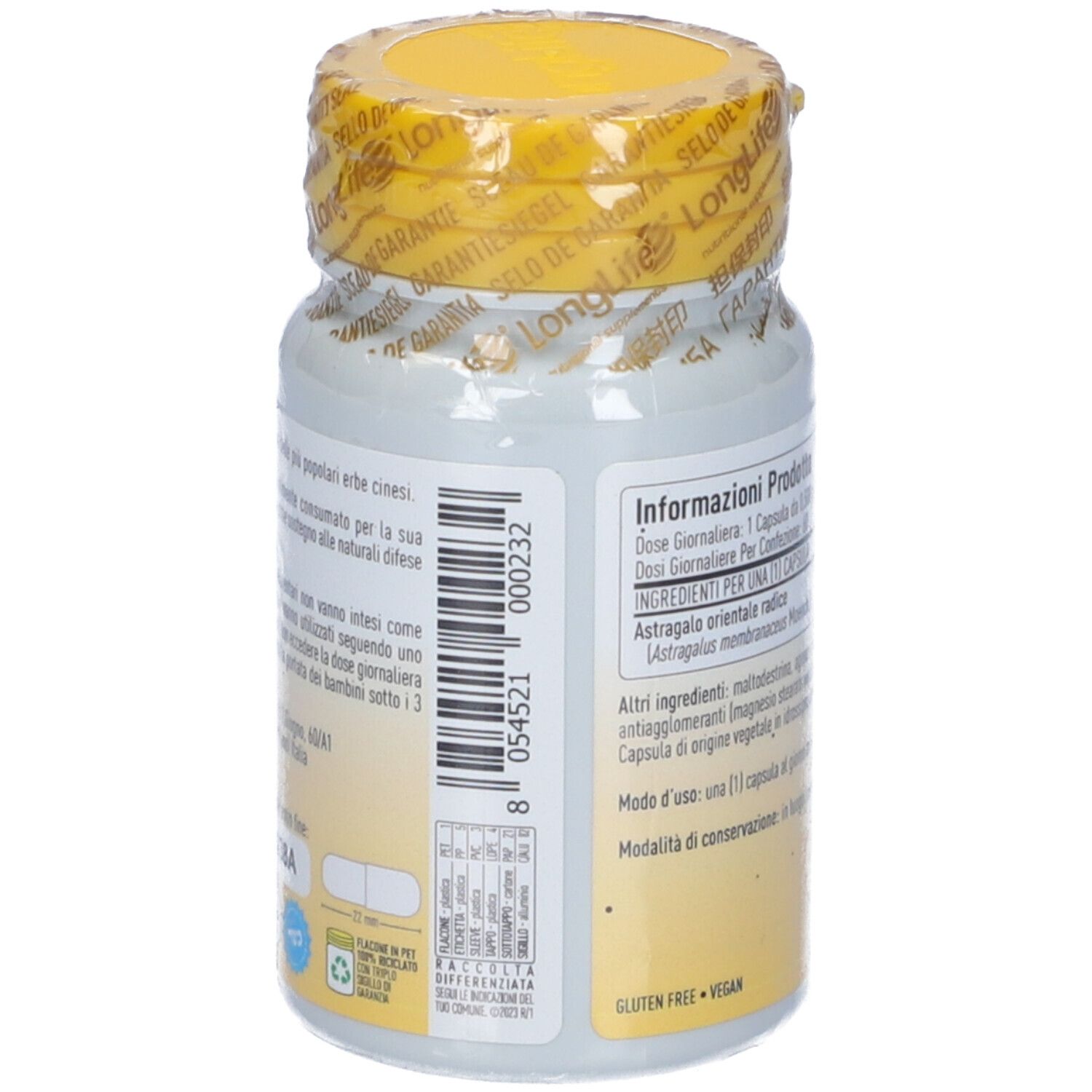 Retro del flacone con tappo giallo e pellicola. Testo: Ingredienti, 200 mg. Informazioni sul prodotto.