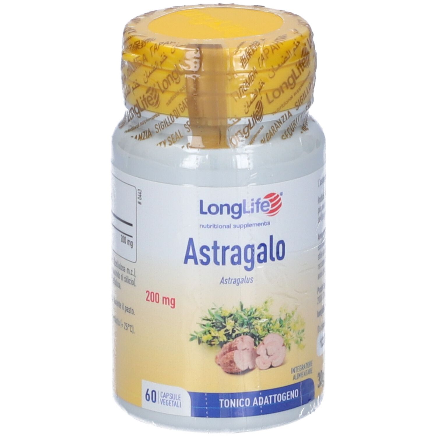 Flacone bianco con tappo giallo e pellicola. Scritta: LongLife Astragalo, 60 capsule, 200 mg. Sigillo.
