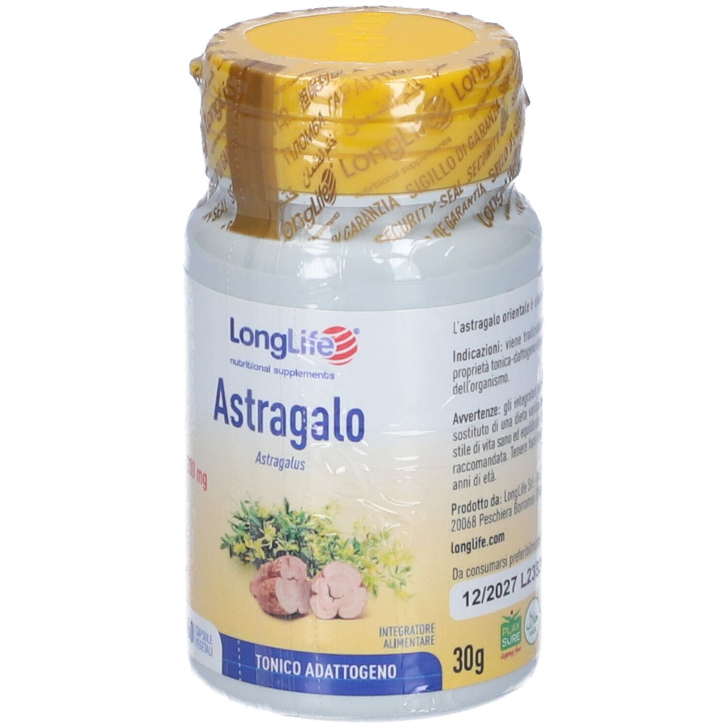 Flacone bianco con tappo giallo e pellicola. Scritta: LongLife Astragalo, 60 capsule, 200 mg. Sigillo.