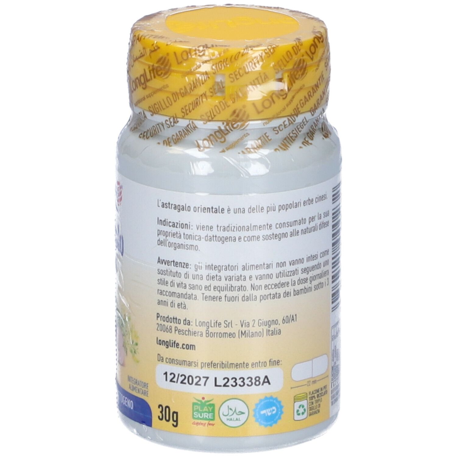 Retro del flacone con tappo giallo e pellicola. Testo: Ingredienti, 200 mg. Informazioni sul prodotto.