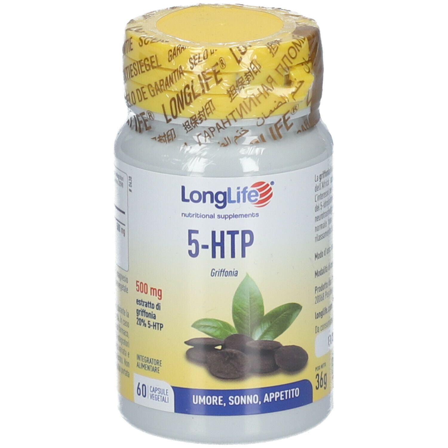 Flacone bianco con tappo e sigillo gialli. Scritta LongLife 5-HTP. Contiene 60 capsule. Foglie e semi.