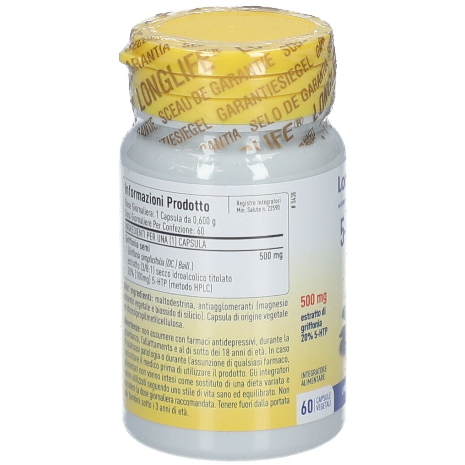 Retro del flacone bianco con tappo giallo. Contiene informazioni sul prodotto e ingredienti. 60 capsule.