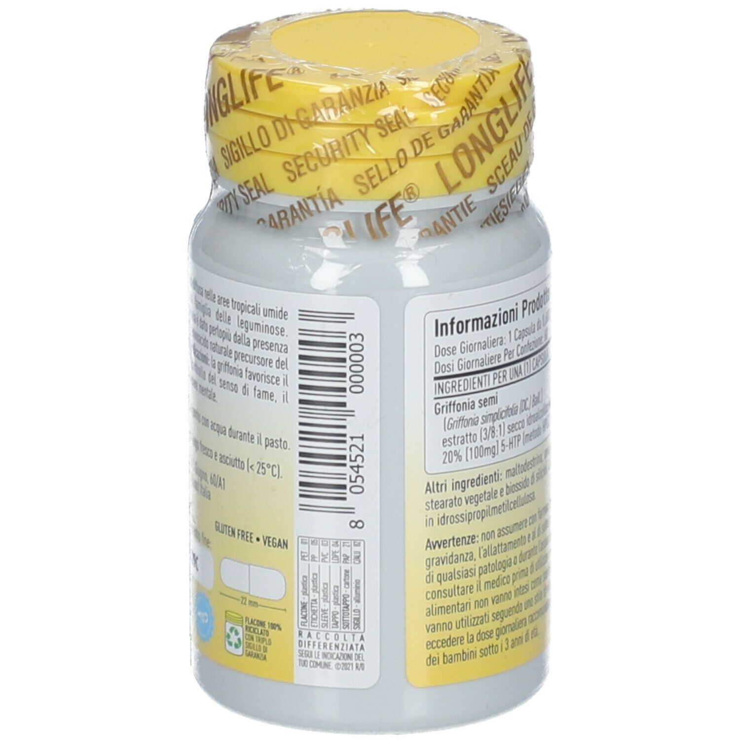Flacone bianco con tappo e sigillo gialli. Contiene informazioni sul prodotto e ingredienti. 60 capsule.