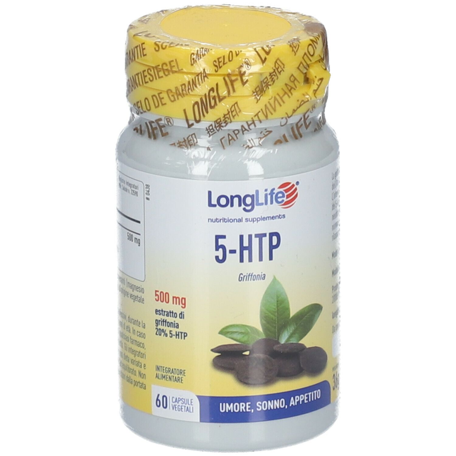 Flacone bianco con tappo e sigillo gialli. Scritta LongLife 5-HTP. Contiene 60 capsule. Foglie e semi.