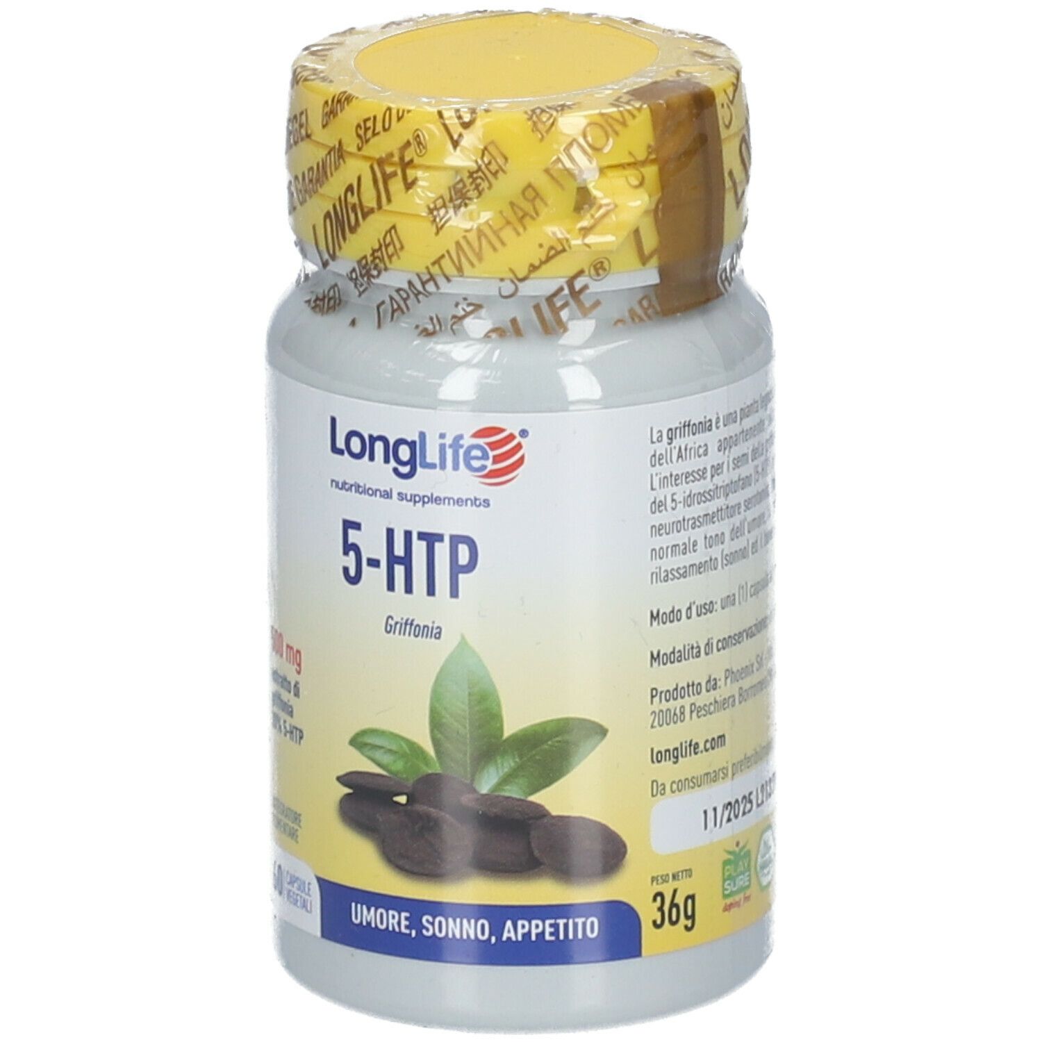 Flacone bianco con tappo e sigillo gialli. Scritta LongLife 5-HTP. Contiene 60 capsule. Foglie e semi.