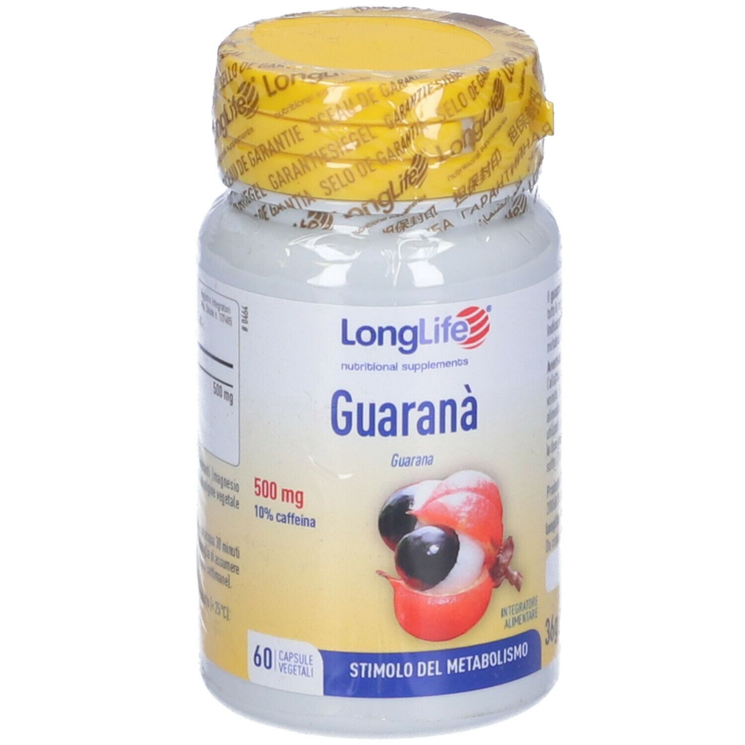 Vorderseite des Fläschchens mit gelbem Deckel und Siegel. Aufschrift: LongLife Guarana, 60 Kapseln.