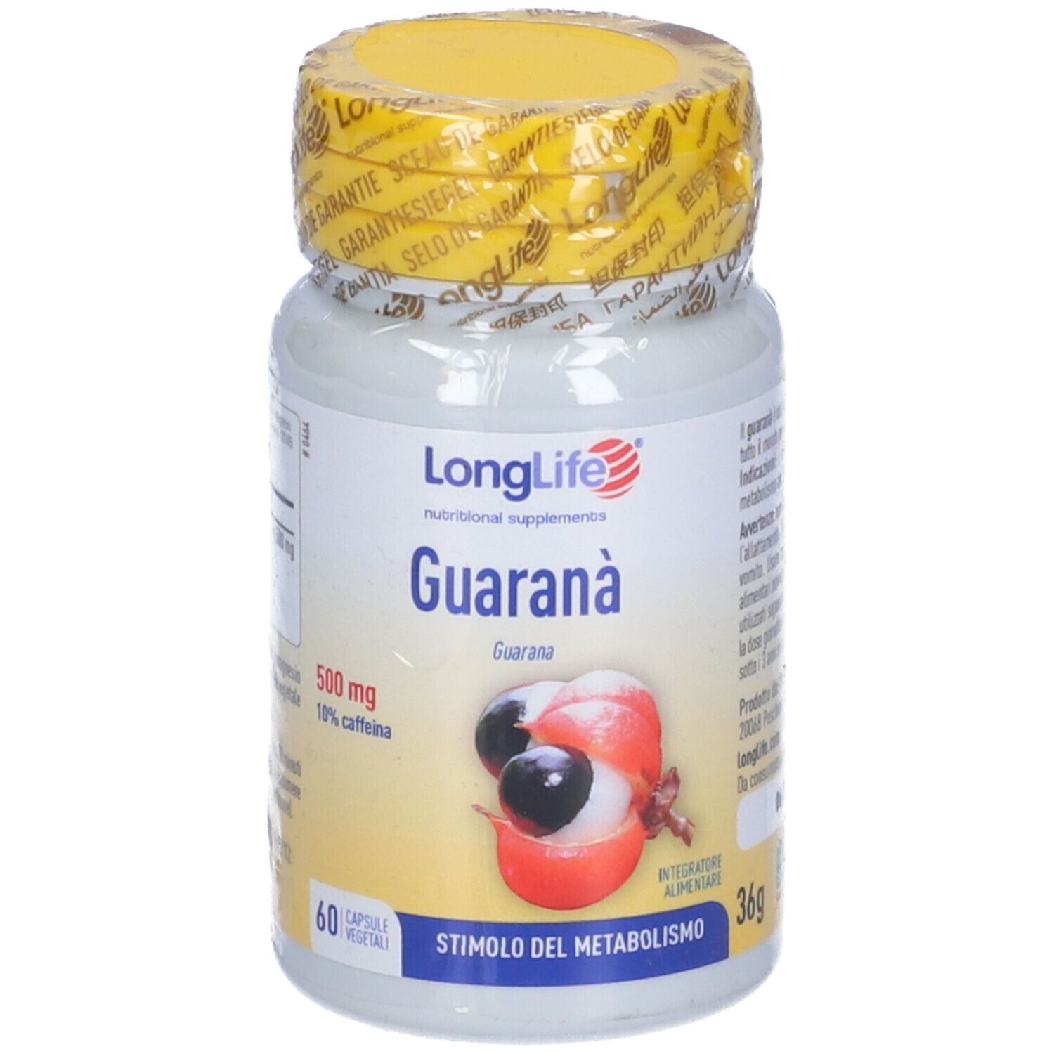 Vorderseite des Fläschchens mit gelbem Deckel und Siegel. Aufschrift: LongLife Guarana, 60 Kapseln. 36g.