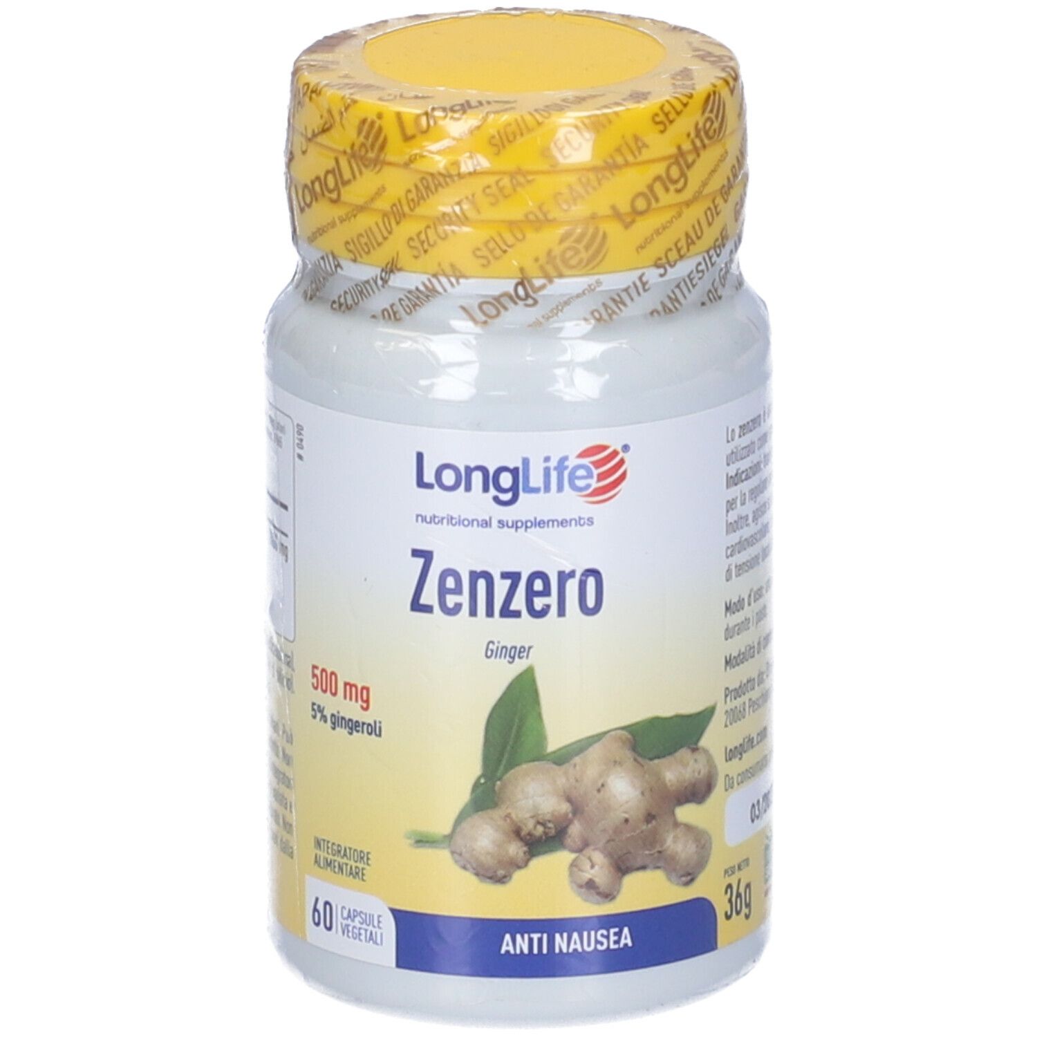 Flacone bianco con tappo giallo e sigillo. Scritta: LongLife Zenzero, 60 capsule. Immagine di zenzero.