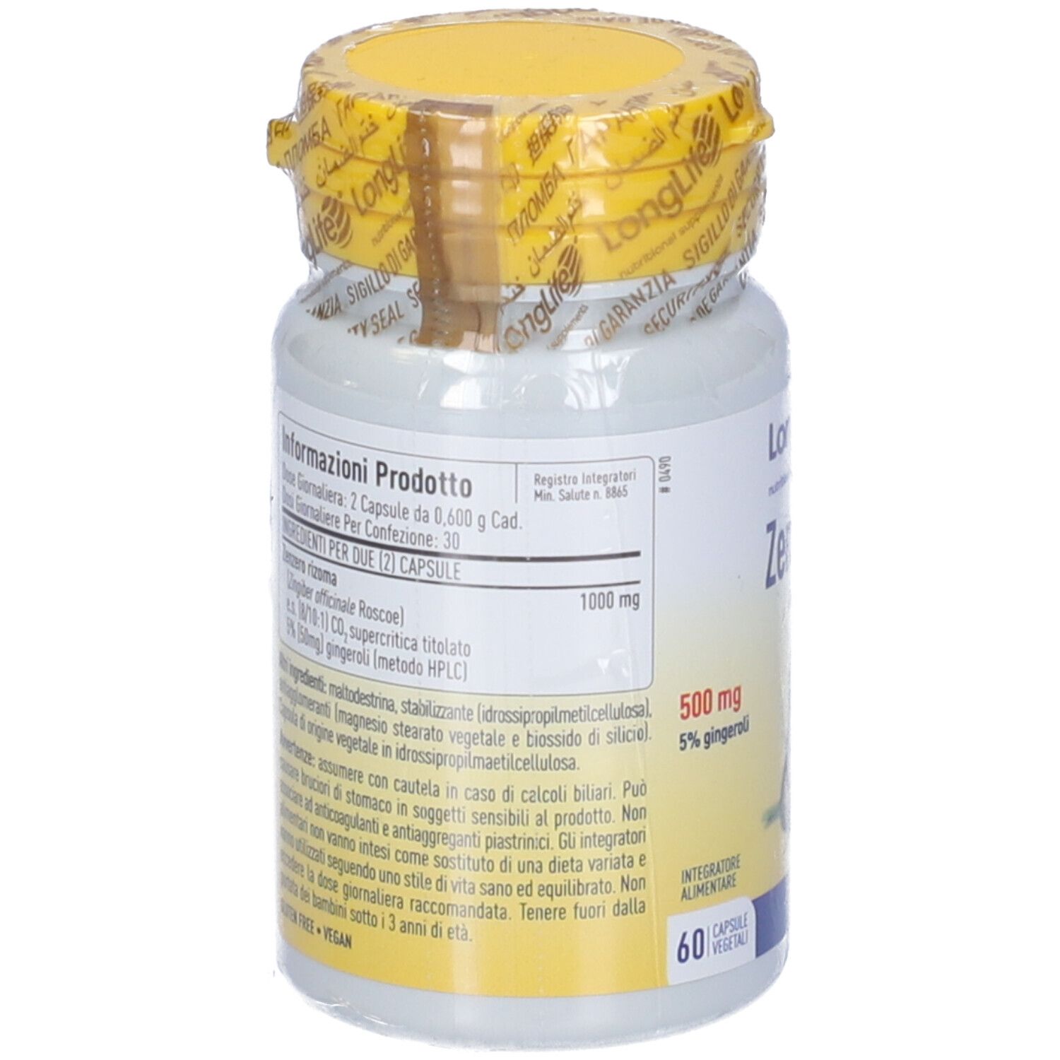 Retro del flacone. Informazioni testuali, inclusi ingredienti e dosaggio. Tappo giallo.